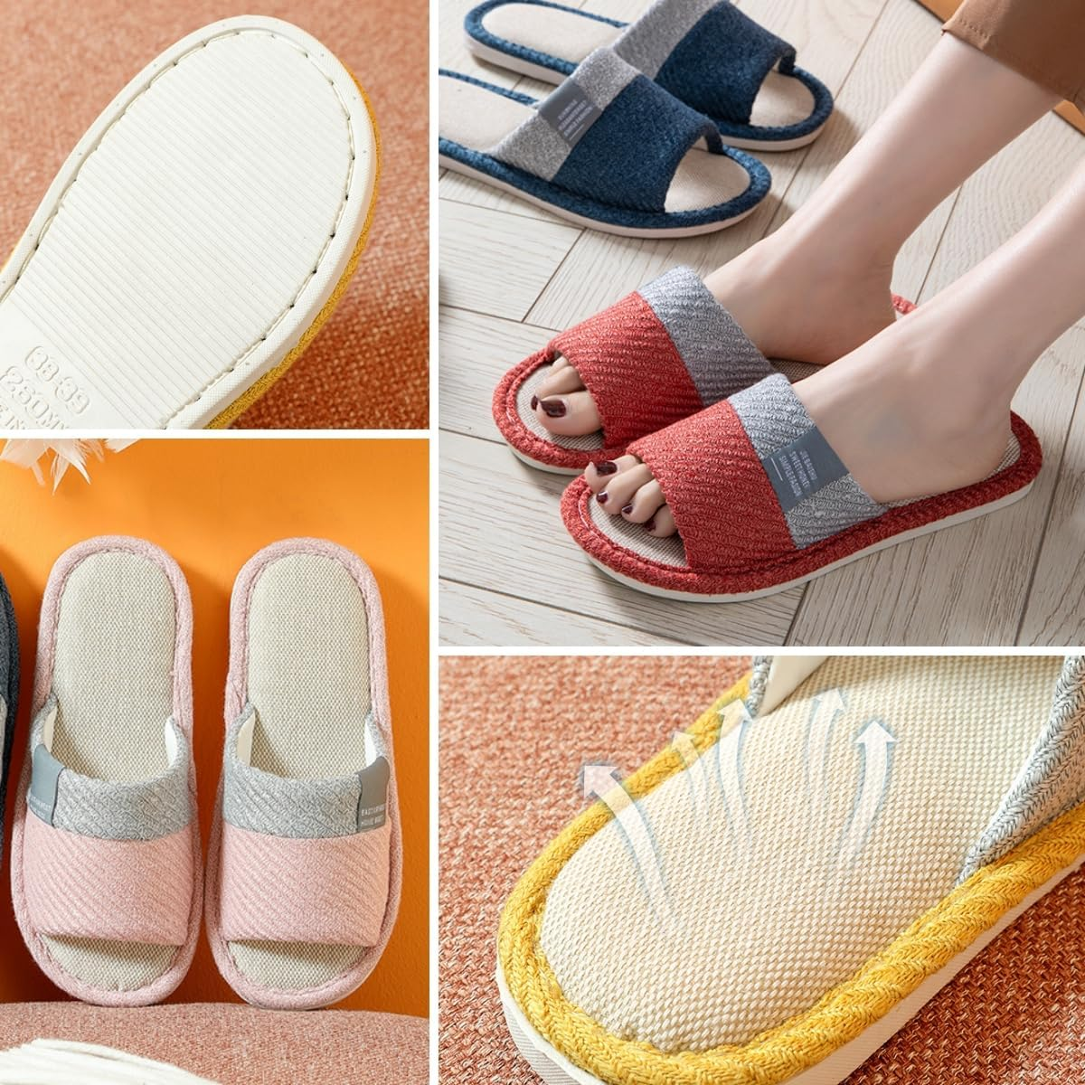 GEBUFAW Linen Slippers for Women Japanese Style Summer House Slippers Indoor Lightweight Open Toe Bathroom Slides Soft Sole Sandals for Home Use image number 5