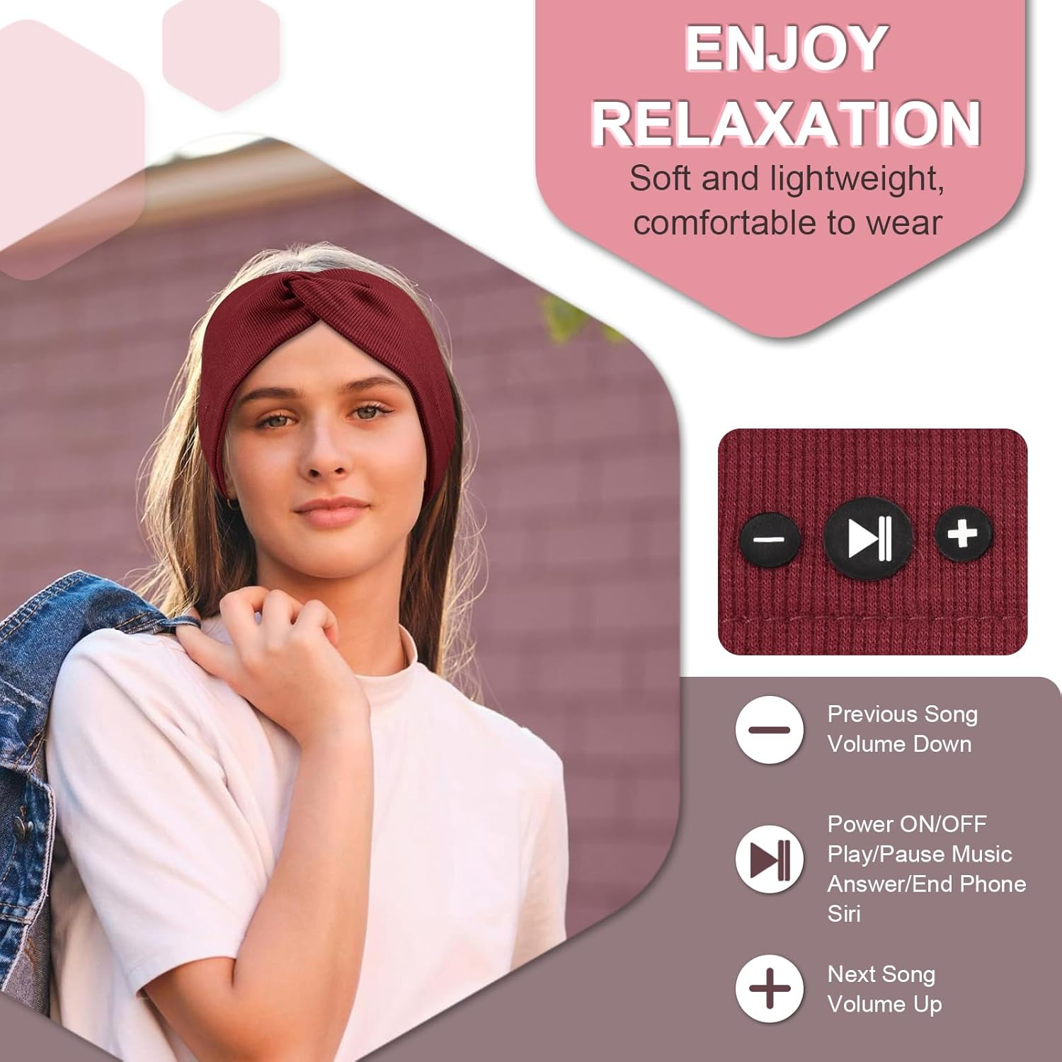BULYPAZY 2-Pack Headband Headphones with Thin HD Speakers, Bluetooth Headband for Women, Stylish Knotted Headband, Cozy Band Headphones for Workout, Running, Yoga, Travel, Meditation - Red&Black