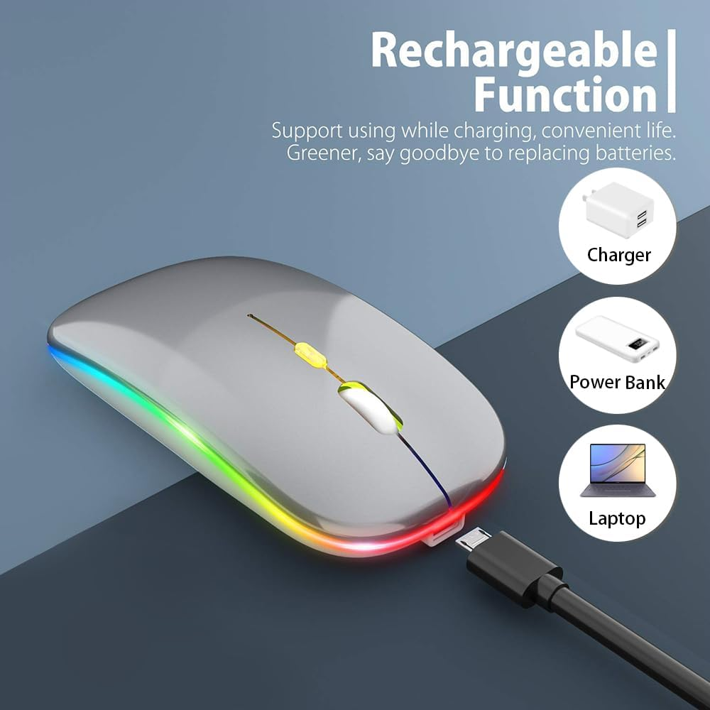 LED Wireless Mouse, Rechargeable Slim Silent Mouse 2.4G Portable Wireless Bluetooth Mouse Dual Mode with USB Receiver and Type C Adapter, 3 Adjustable DPI for Notebook, PC, Laptop (Grey) image number 5