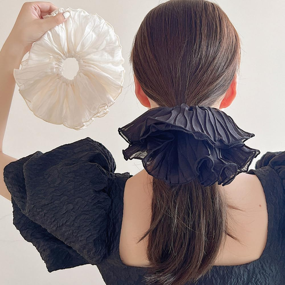 2 Pcs Large Jumbo Hair Scrunchies Oversized Scrunchies Hair Ties Hair Elastics Bands Ponytail Holders for Women Girls(Black and Beige) image number 5