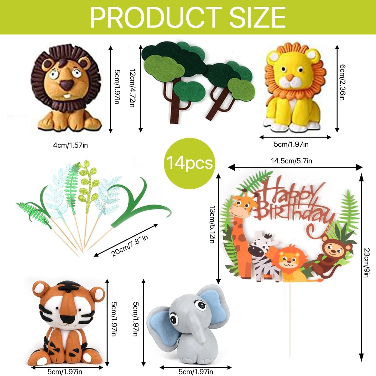 Jungle Safari Animal Cake Toppers, 14Pcs Happy Birthday Animal Cake Decoration Giraffe Tiger Lion Elephant Cake Topper for Jungle Animals Theme Party Baby Showers Kid Birthday Party Supplies image number 2