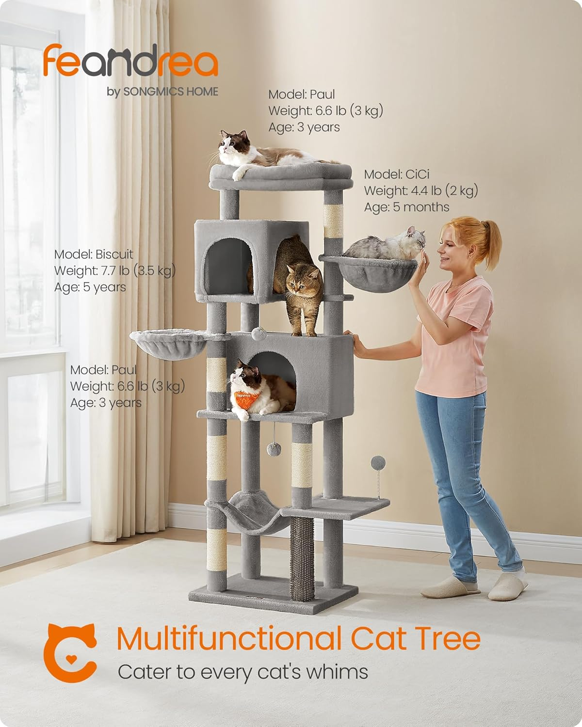 Feandrea Cat Tree, 69-Inch Tall Cat Tower for Indoor Cats, Multi-Level Cat Condo with 2 Caves, 2 Baskets, 5 Scratching Posts, Self-Groomer, Perch, Hammock, Dove Gray UPCT182G01 - Dove Gray image number 6