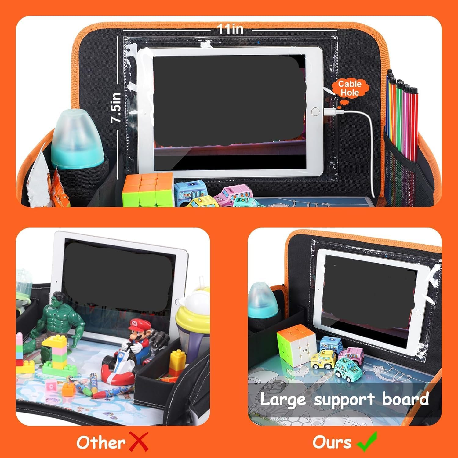 Heyinova Travel Tray,For Kids Car Seat,Car Seat Organizer Toddler with Dry Erase Board Car Lap Desk Table with Ipad Holder, Storage Pocket, Kids Active Eating Tray for Road Trip, Airplane, Stroller image number 4