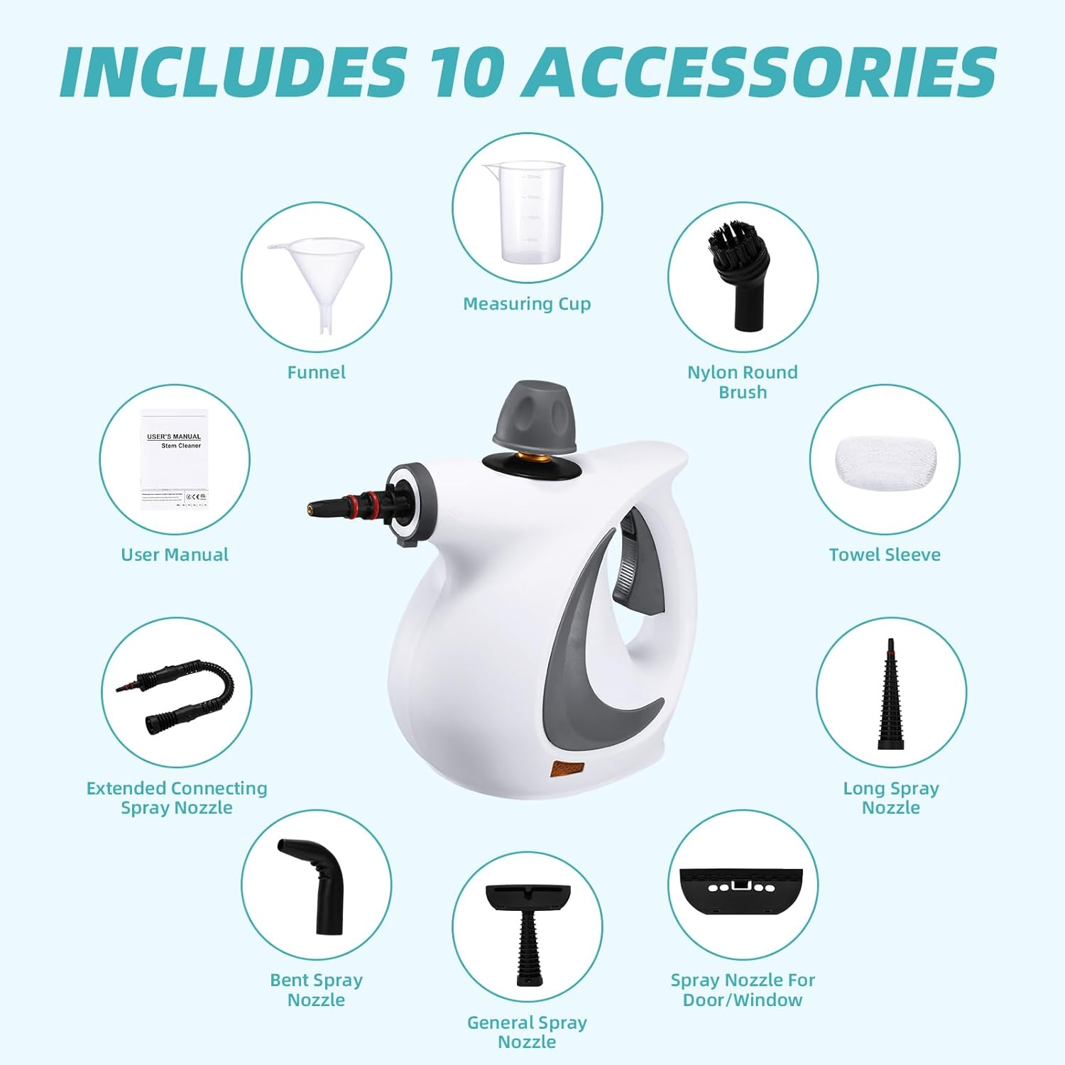 Airelax Steam Cleaner Handheld Multi-Purpose Handheld Steamer Portable Hand Held Steam Cleaner with Safety Lock for Stain Removal, Home&Car Clean with 10 Accessories Includes Nozzles, Brushes, Funnel