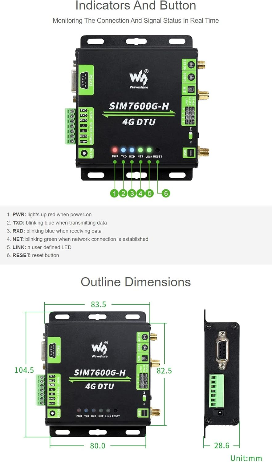 Waveshare Industrial Grade SIM7600G-H 4G DTU USB UART/RS232/RS485 Multi Interfaces Communication LTE Global Band Support image number 1