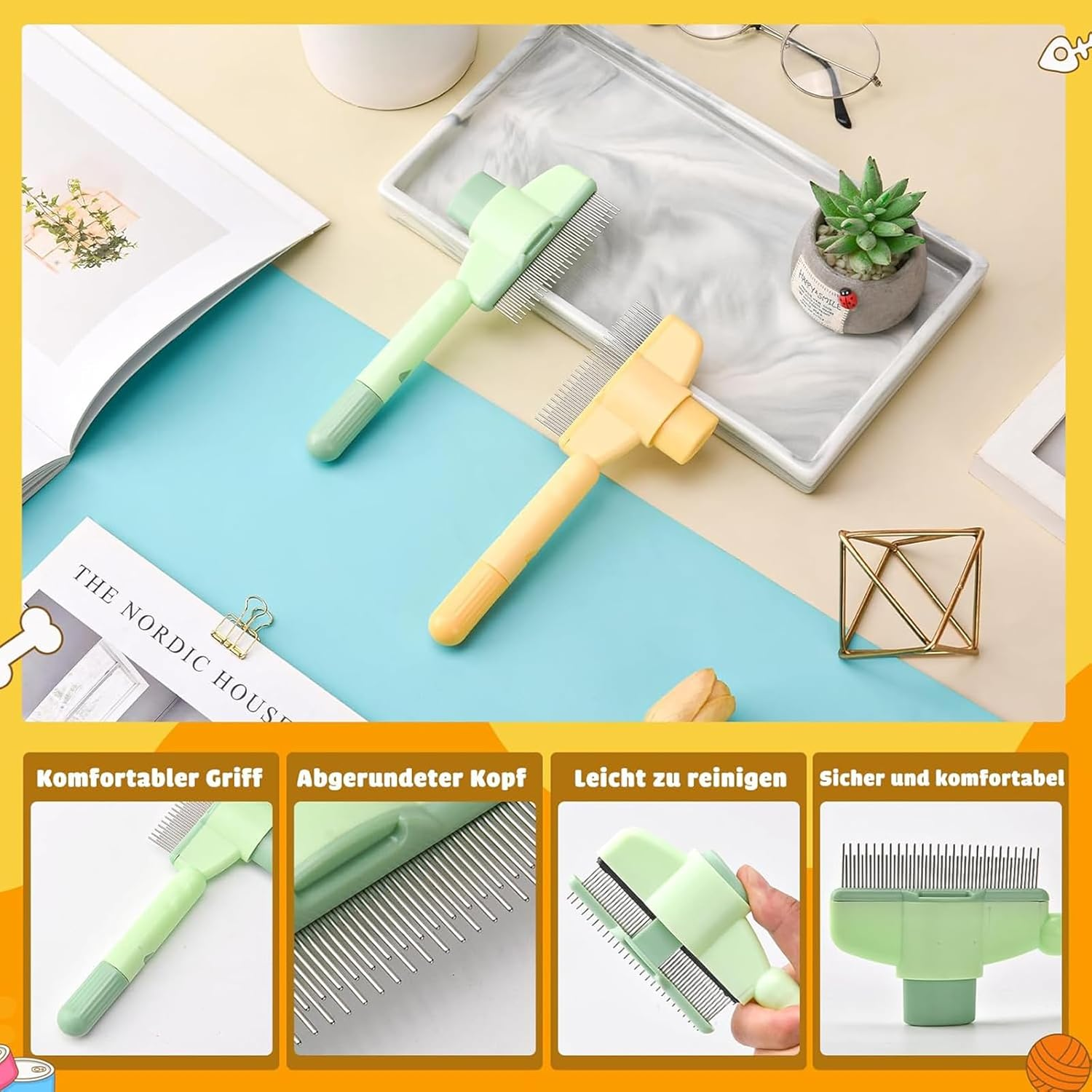 Fellblitz Cat Brush, Pack of 2 Fur Brushes, Self-Cleaning Comb with Release Button, for Long and Short Coat, Removes Knots & Loose Hair image number 2