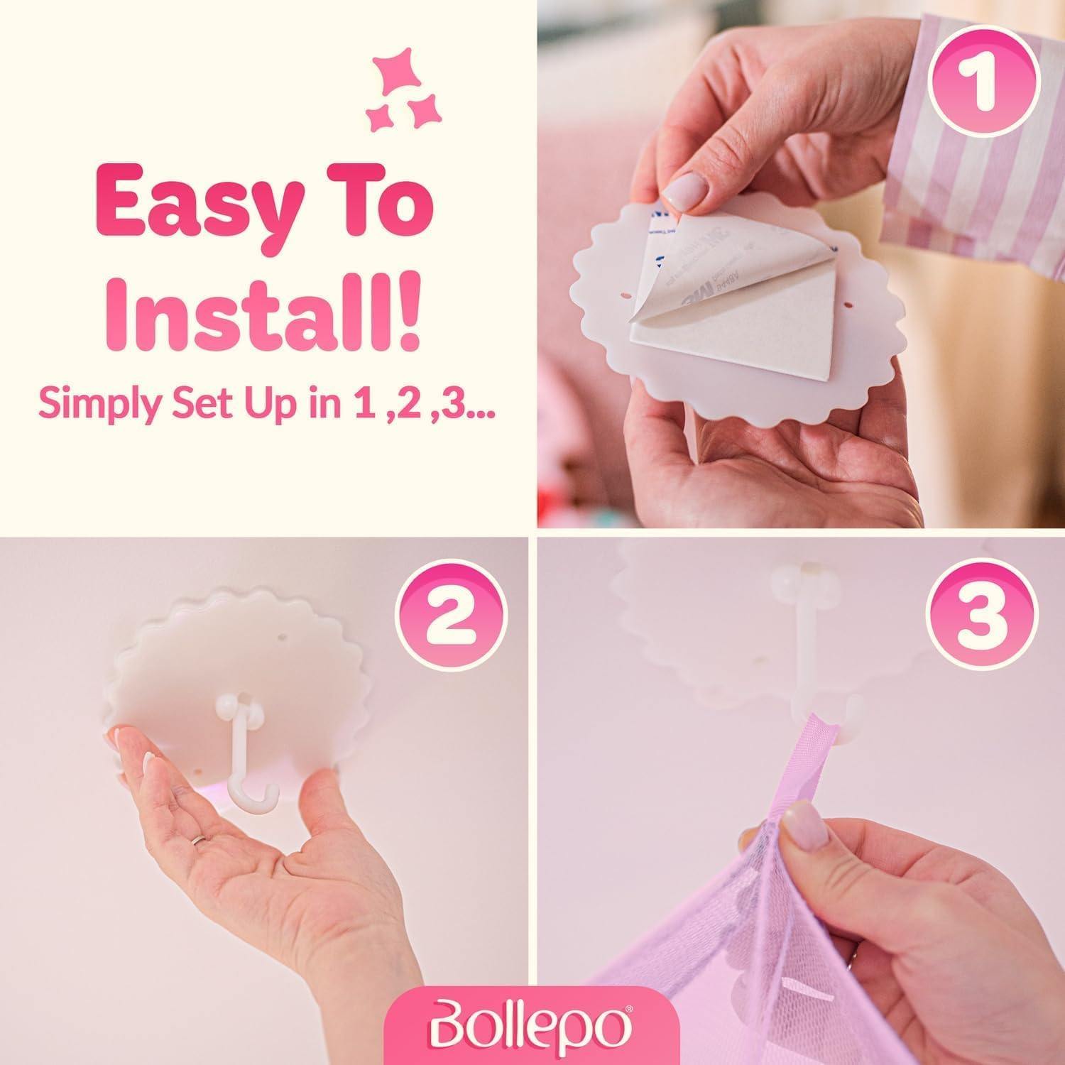 Bollepo Pink Bed Canopy for Girls with Glowing Stars - Canopy Bed Curtains | Fits Single, Twin, Full, Queen Size Kids Bed, Princess Netting Room Decor, Ceiling Tent to Cover Toddler, Canopy for Bed image number 1