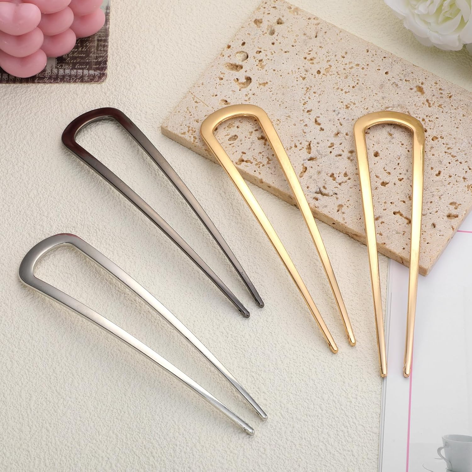 4 Pieces French Twist Hair Pin, U Shape Metal Hair Pin, Large French Bun Chignon Tool for Girls, Various Hair Types, Styling Accessories image number 4