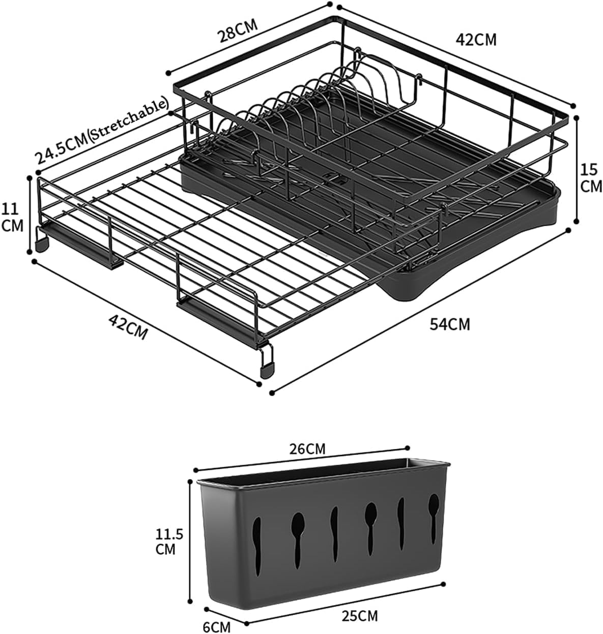 Dish Drying Rack with Drainboard - Expandable 2-In-1 Dish Drainer with Swivel Drainage Spout, Rust-Resistant Dish Rack with Pan Slots and Cutlery Holder for Kitchen Counter and Sink, Black image number 1