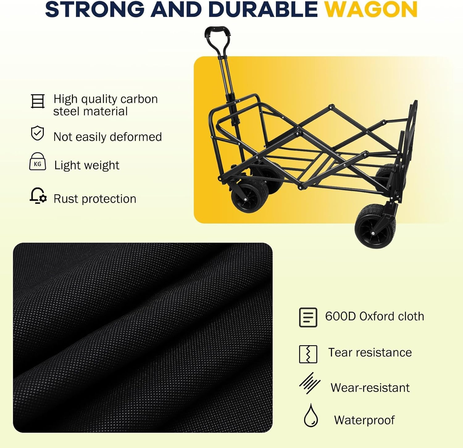 Foldable Wagon with Wheels, XICEN Portable Heavy Duty Collapsible Beach Cart, Large Capacity Utility Wagon for Shopping, Sports, Camping, Garden, Grocery (Black-Open Side)