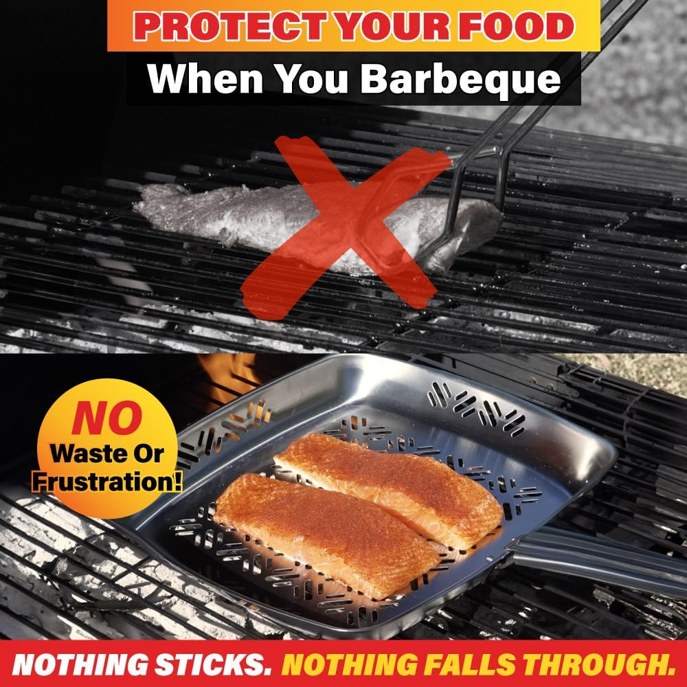 BBQ Grill Pan, Non-Stick, Stainless Steel Pan for Bbqs and Grills, Withstands High Temperatures, Square Design, Detachable Handle, Cooks Evenly image number 4