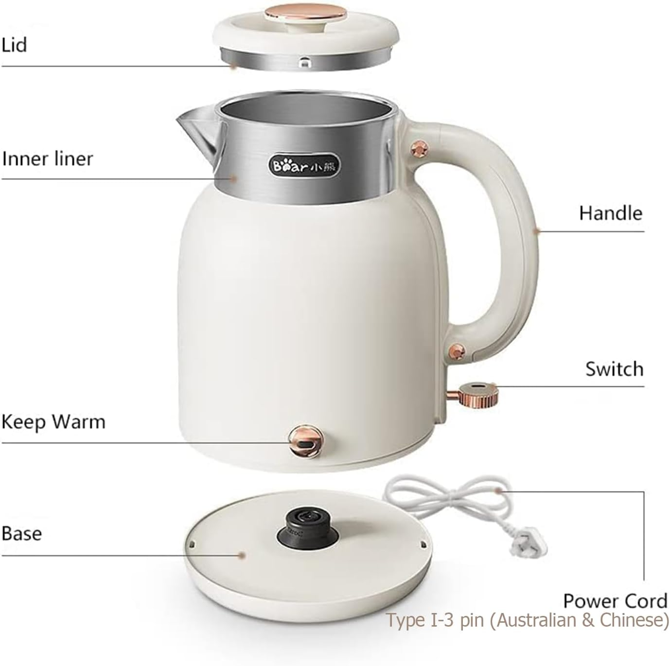 BEAR Electric Kettle, 1.5L Hot Tea Water Boiler, 1500W Rapid Boil, 316 Stainless Steel Pot, One-Key Keep Warm 65℃, Auto Shut-Off & Boil Dry Protection (Ivory White) image number 4