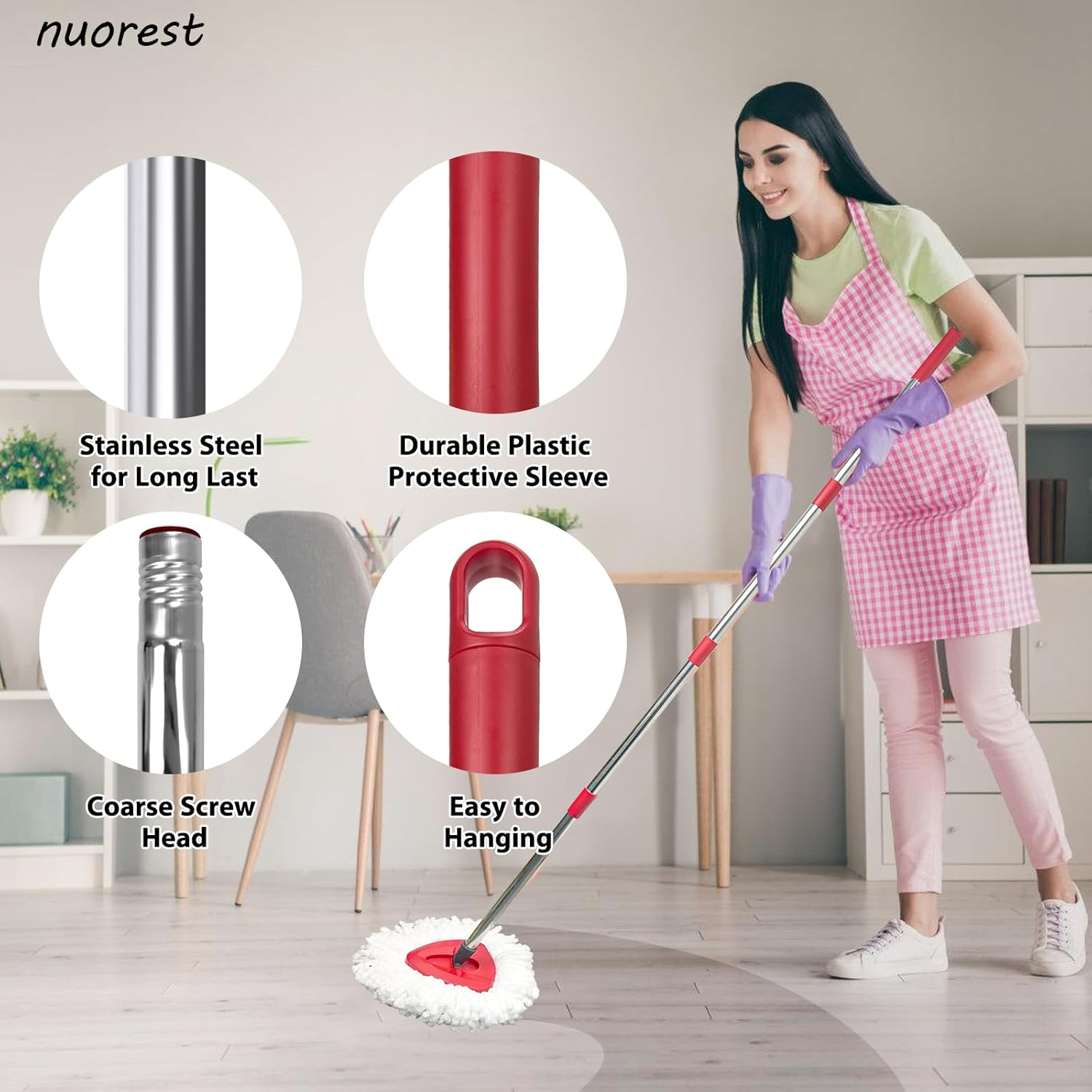 Nuorest Spin Mop Replacement Set for O-Ceda Easywring 1-Tank System, Includes 2 Mop Head Replacement, 1 Mop Handle (30-58In Adjustable 4-Section Pole), 1 Spin Mop Base image number 5