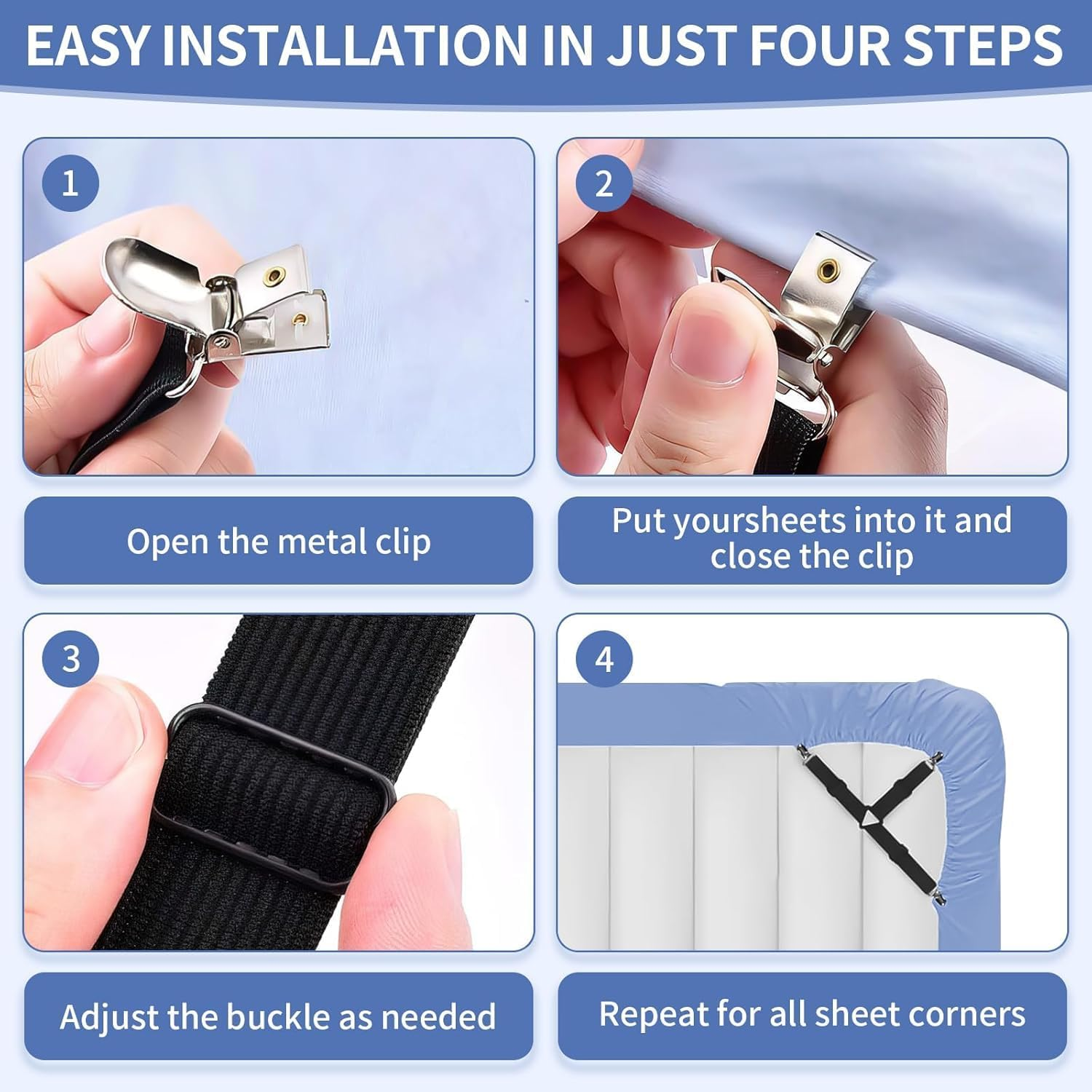 Elastic Crisscross Fitted Sheet Straps with Triangle Clips, 6 Piece Bedsheet Fastener Suspenders and Grippers, Crisscross Fitted Sheet Clips Holder Elastic Bands Bedsheet Fasten Suspenders Grippers image number 5