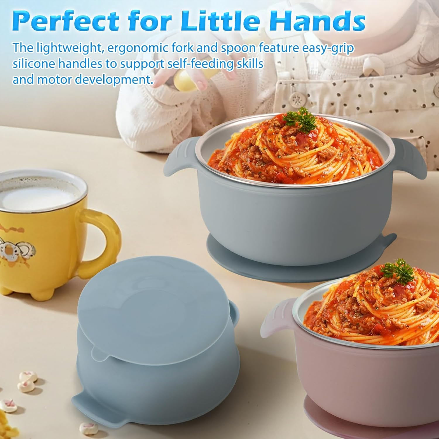 Silicone Feeding Set,Stainless Steel Suction Plate,Baby Utensil Set.Include a Spoon,A Fork, a Plate,A Stainless Steel Kids Bowl.