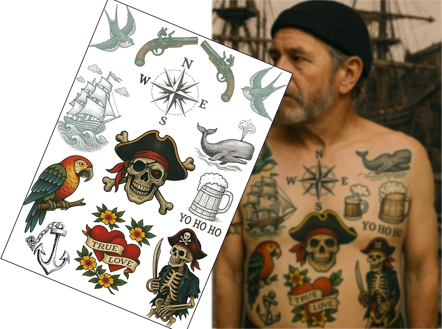 Pirate Sailor Fake Tattoos &ndash; 1 A4 Sheet &ndash; Vintage Nautical Tattoo Transfers &ndash; Realistic Pirate Ink for Film, Theatre, Cosplay &ndash; No Shine, Skin Safe
