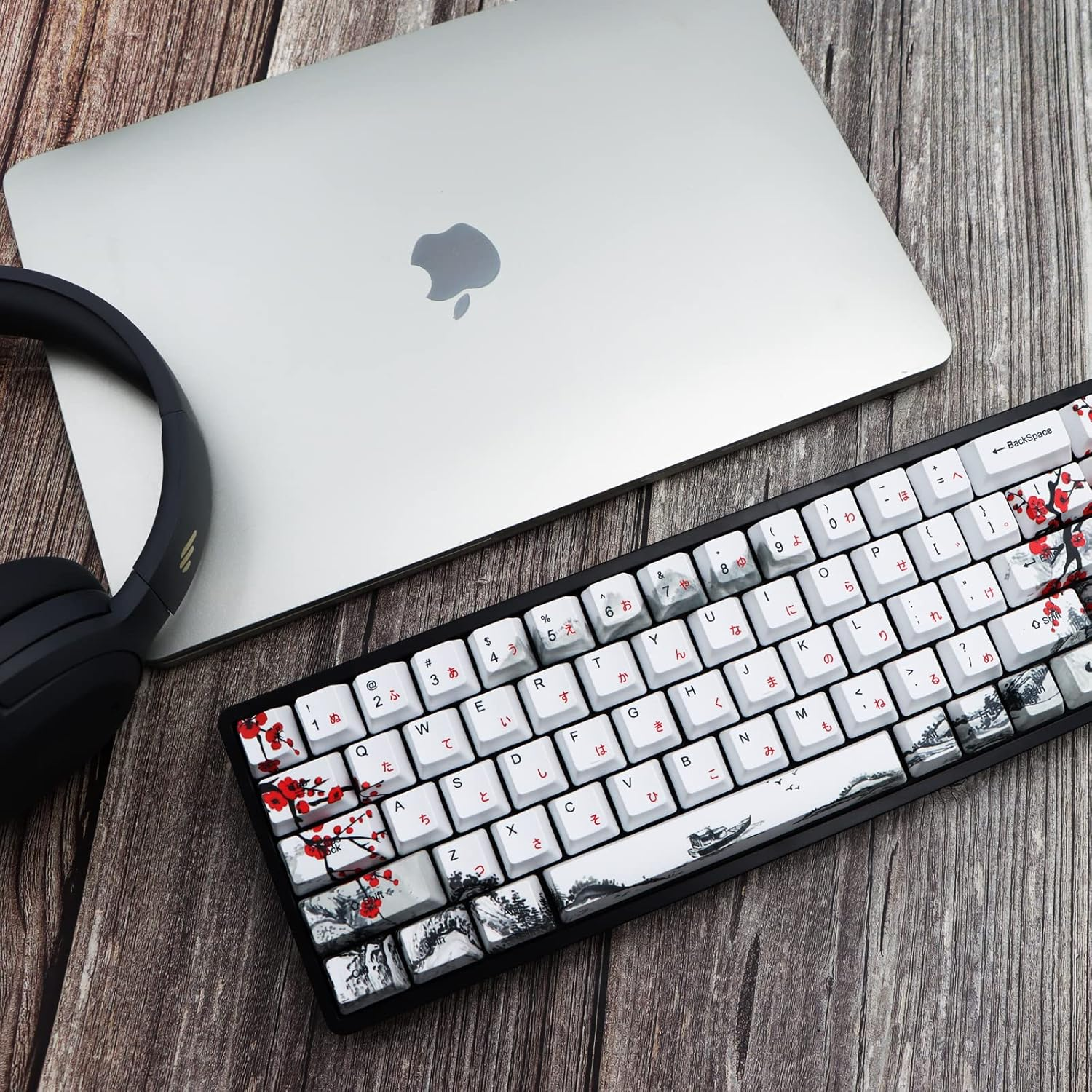 MOLGRIA Keycaps 68 Set for RK68 GK68 Mechanical Keyboard, Custom PBT OEM Profile Key Caps Japanese Font with Keycap Puller for Gateron Kailh Cherry MX Switch ANSI Layout Keyboard(Plum Blossom) image number 2