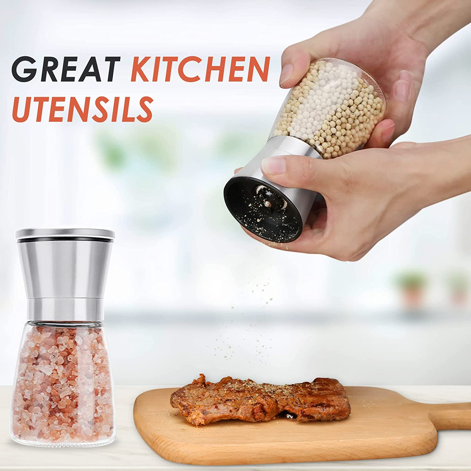 Salt and Pepper Grinder Set - Refillable Grinder Adjustable Coarseness of Pepper Salt Spice Stainless Steel Mills Glass 6Oz（2 Pack）