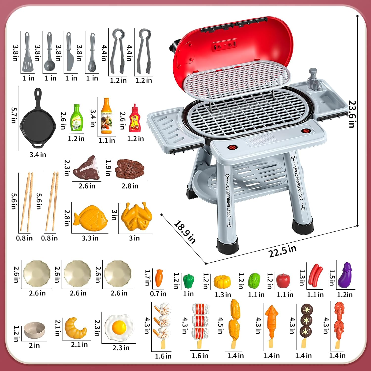 JUKUDAHU 65 PCS Play Kitchen Barbecue Toys Set for Kids Ages 3 4 5 6 7-2-Layer BBQ Grill Toys Play Food Set with Sound Smoke, Little Chef Cooking Pretend Play Gifts for Boys Girls 3-5 Indoor Outdoor image number 5