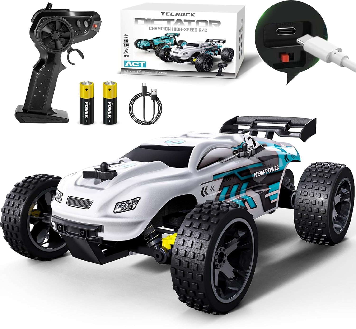 Tecnock RC Cars Remote Control Car for Kids, 1:18 Scale 20 KM/H 2WD Offroad Buggy, 2.4Ghz RC Racing Car with USB-C Easy Charging & 50 Mins Playtime（Blue）