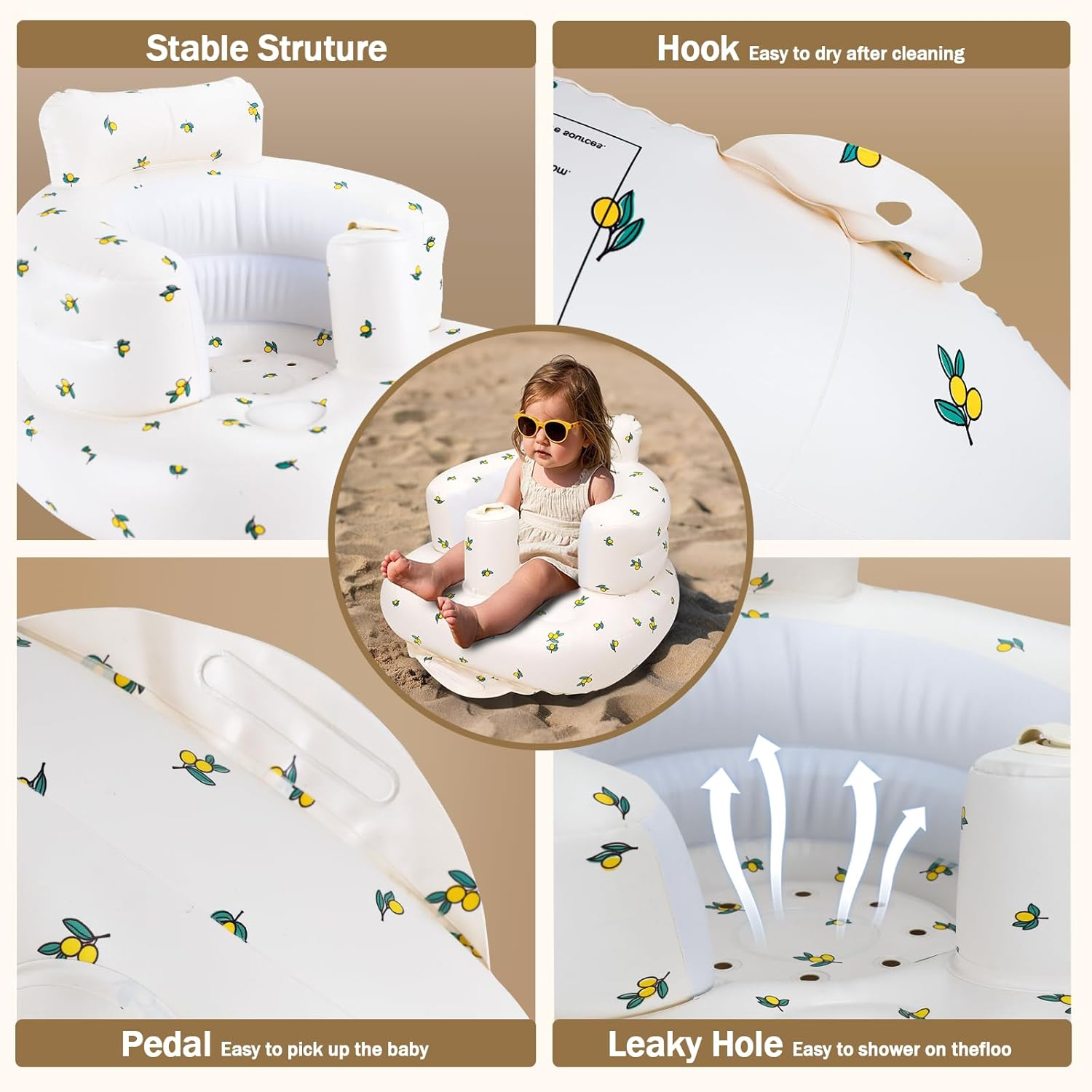 Inflatable Baby Chair for Babies 3 Months and Up, Baby Support Seat Summer Toddler Chair for Sitting Up, Baby Floor Seat with Built in Air Pump (Orange) image number 5