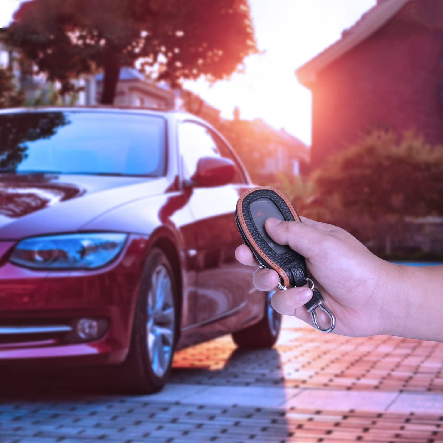 Universal Premium Car Key Fob Case Genuine Leather Car Smart Key Fob Holder for Remote Key Fob, Black-Brown, One Size