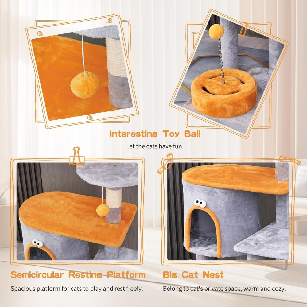 Cat Tree Tower, 95Cm Multi-Level Cat Tree with Sisal-Covered Scratching Posts, Cat Tower with Hanging Balls and Extended Platform for Cats to Play and Sleep (Grey-Cat Tree Tower) image number 1