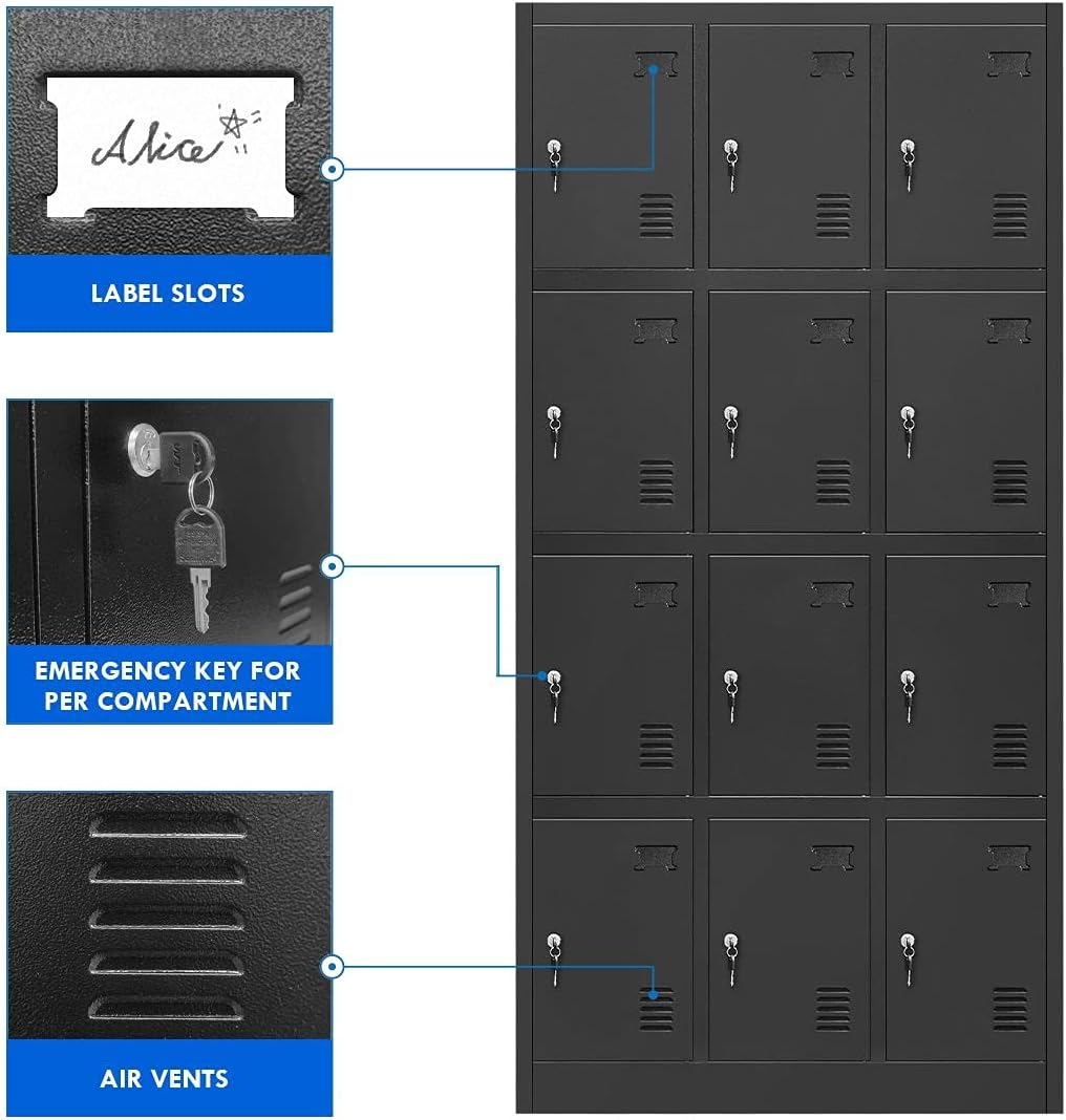 Locker Storage Cabinet 12 Doors Steel Office Storage with Lock for Gym Office School Home Stationary Classroom Black image number 3