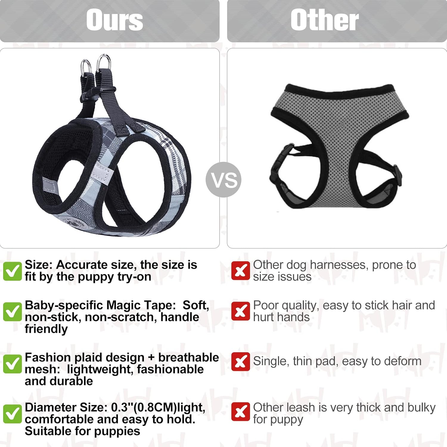 BEAUTYZOO Small Dog Harness and Leash Set,Step in No Choke No Pull Soft Mesh Dog Harnesses Reflective for Extra-Small Medium Puppy Dogs and Cats, Plaid Dog Vest Harness for XS S Pets, Grey XS image number 6