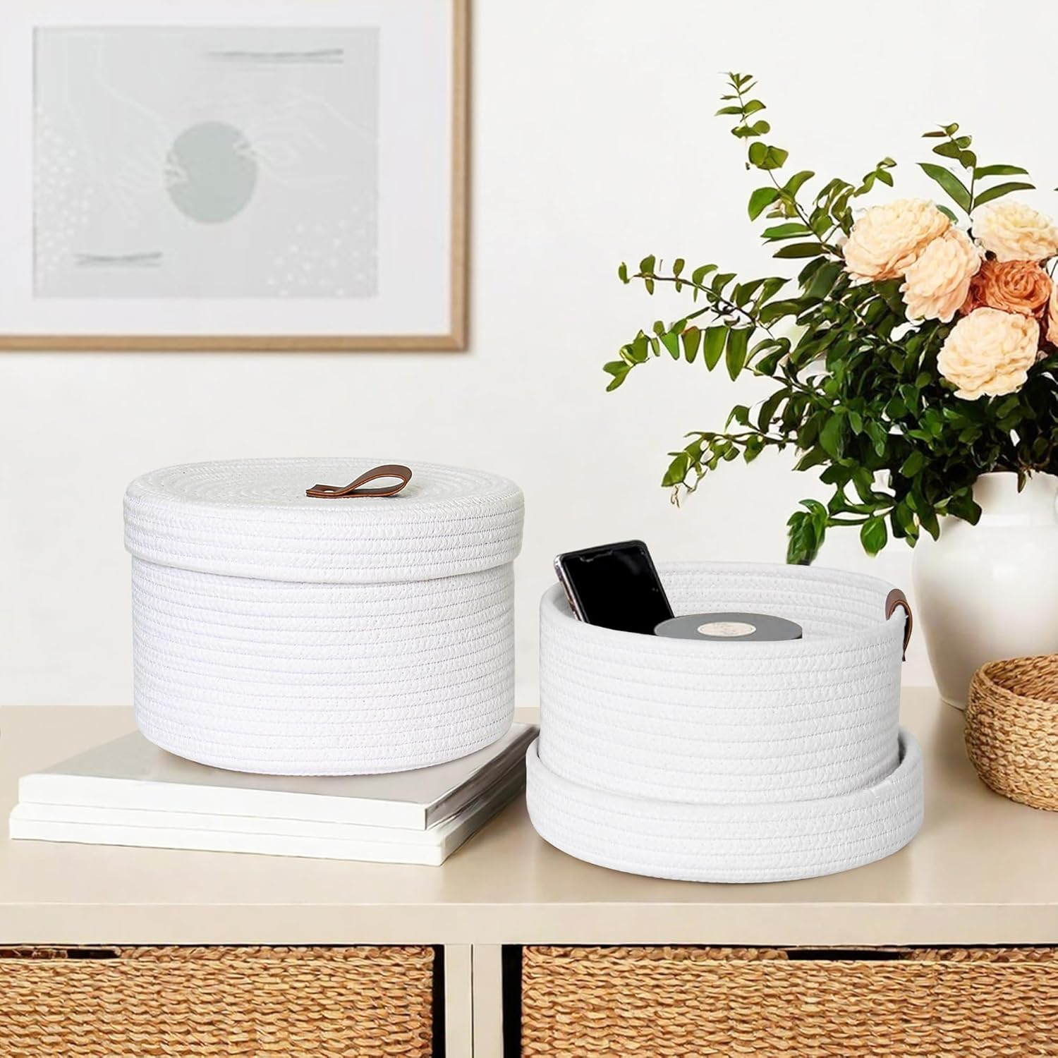 HONCESTA Small Basket with Lid, Set of 2 Cotton Rope Storage Basket with Lid, Decorative Woven Storage Bin with Cover, Lidded round Baskets for Organizing, Cute Toy Box, Shelf Basket for Decor, White image number 1