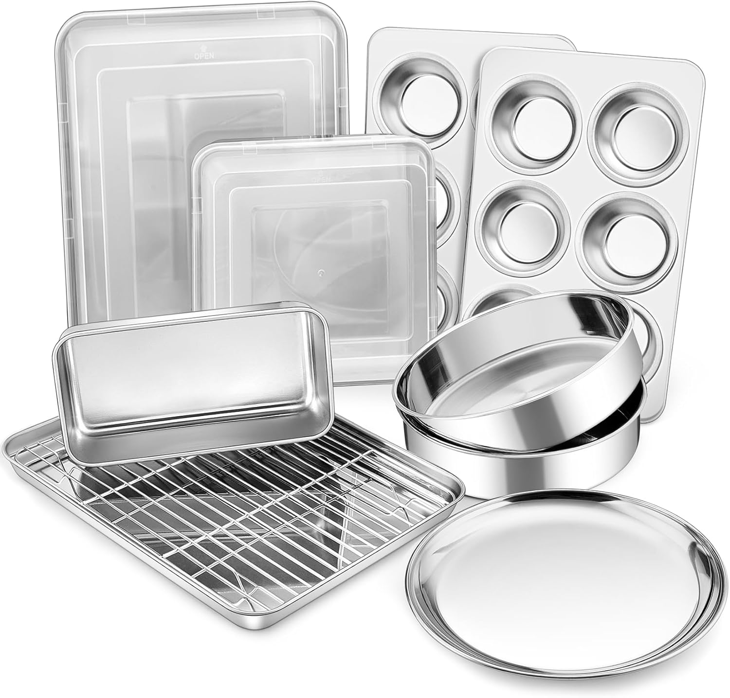 P&P Chef Stainless Steel Bakeware Set, 12-Piece Kitchen Baking Pans Set, Baking Sheet with Rack, Square Cake Pan with Lid, Lasagna Pan, Loaf Pan, Muffin Pan, Pizza Tray & 2 Covers, Easily Clean image number 4