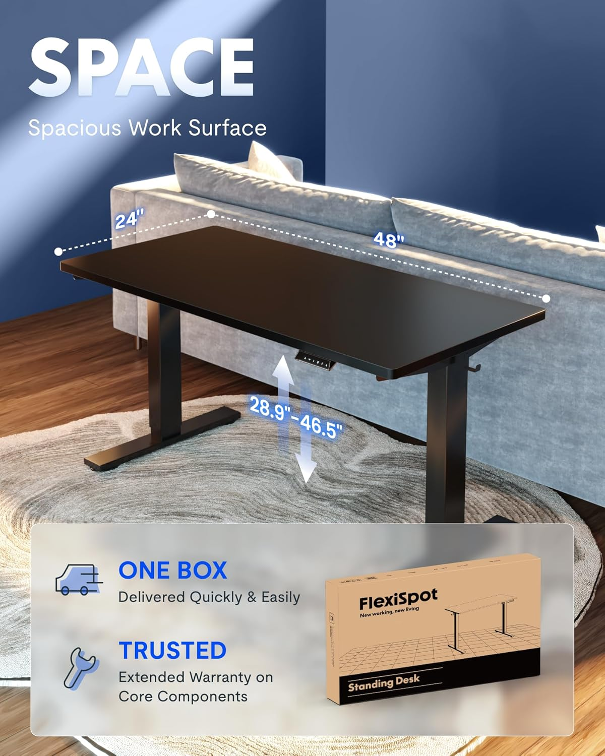 FLEXISPOT Electric Standing Desk 120&times;60Cm Height Adjustable Desk Sit Stand Desk Home Office Desks Whole-Piece Desk Board Black Frame + 120Cm Black Table Top image number 2