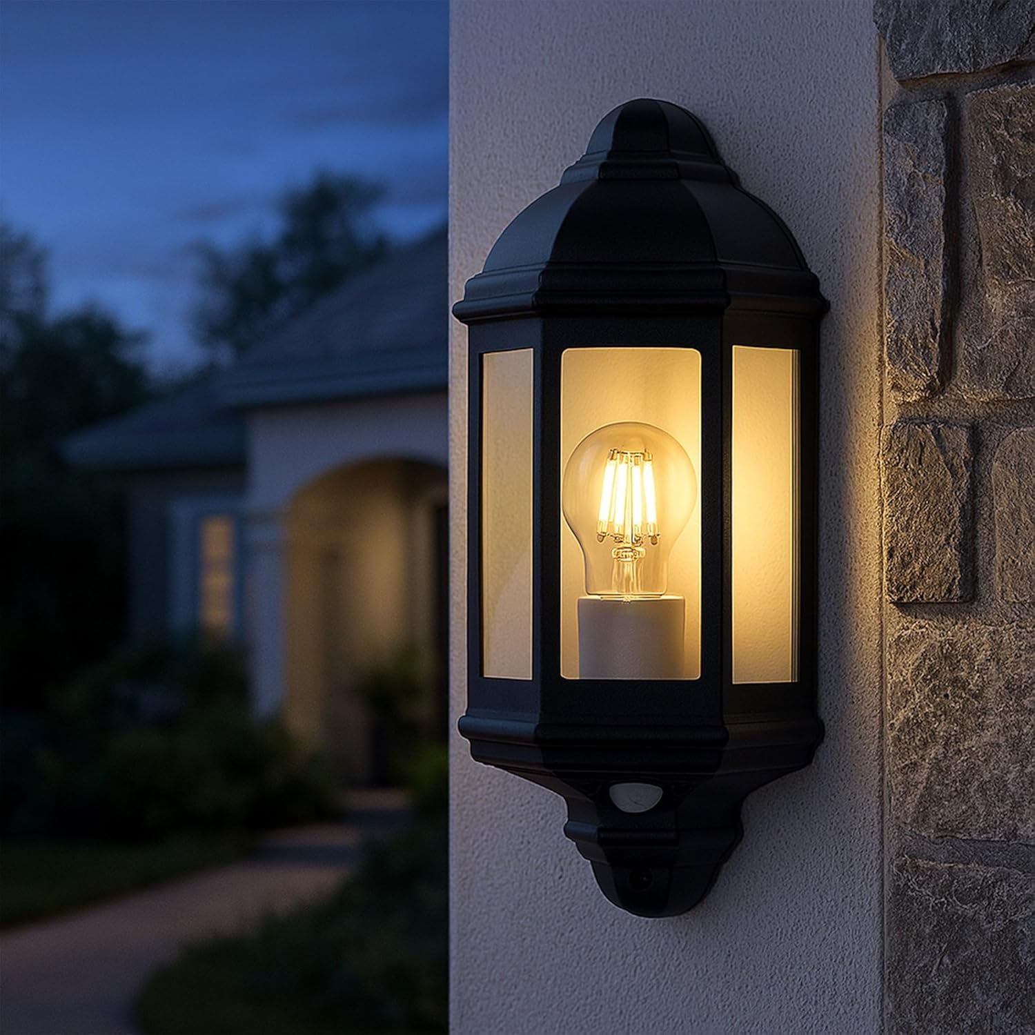 Lexi Lighting Avara Outdoor Wall Sconce with Sensor, E27 Bulb Base, Exterior Black Finish Aluminum Frame with Clear Glass Shade, IP54 Waterproof Porch Lights for Patio Front Door Garage image number 1