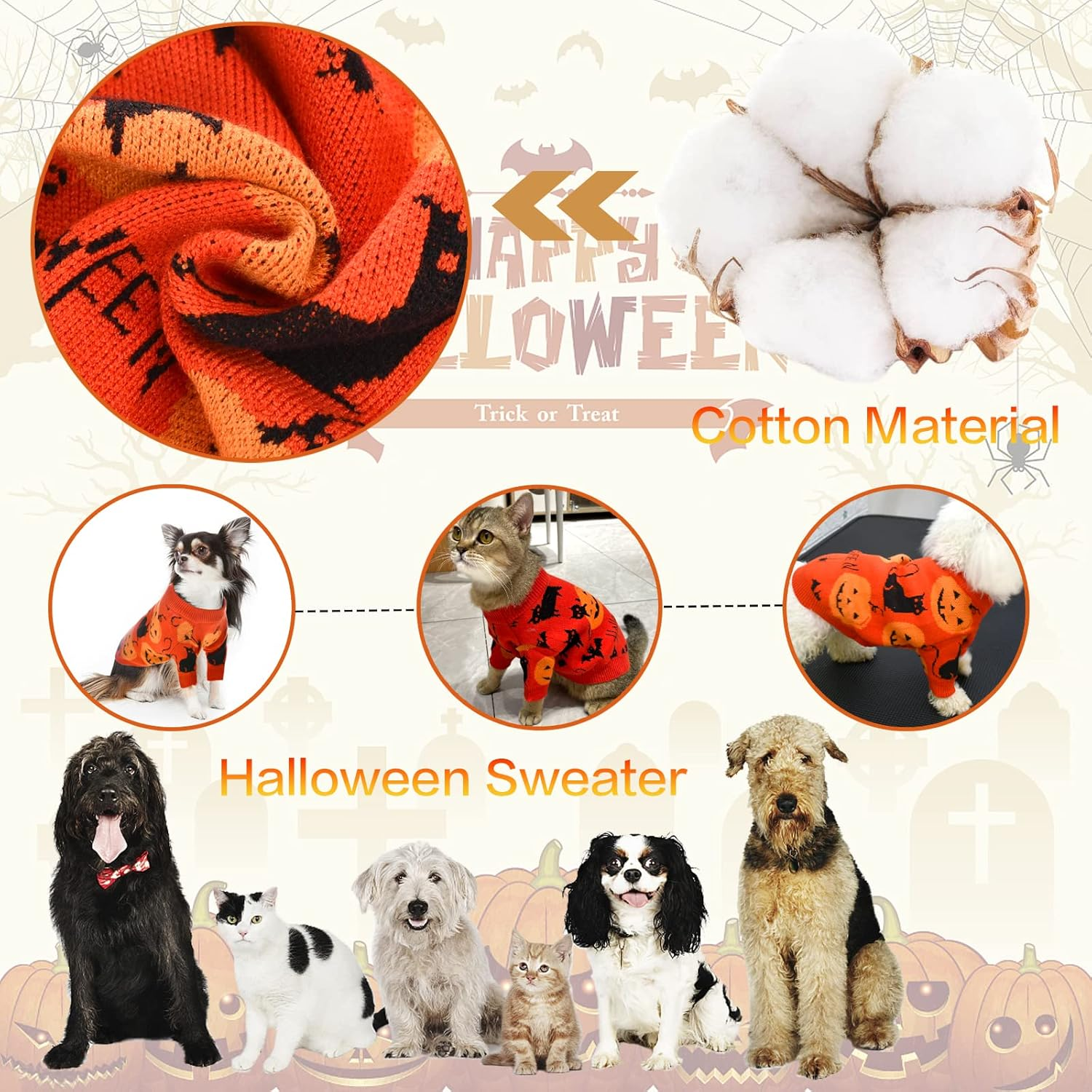 Cooshou Halloween Sweater Costume for Dogs Cat Pumpkin Knitwear Clothes Costume with Pumpkin Kitten Pattern Dog Halloween Sweater Coat for Kittens Small Dogs Cats XL image number 4