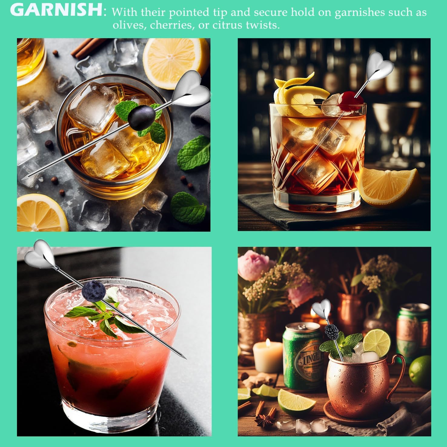 Heart Cocktail Picks for Drinks 4 Inch Stainless Steel Reusable Martini Picks Cocktail Garnish Skewers for Olive, Twist, Berry, Beach Style Decor 6-Piece