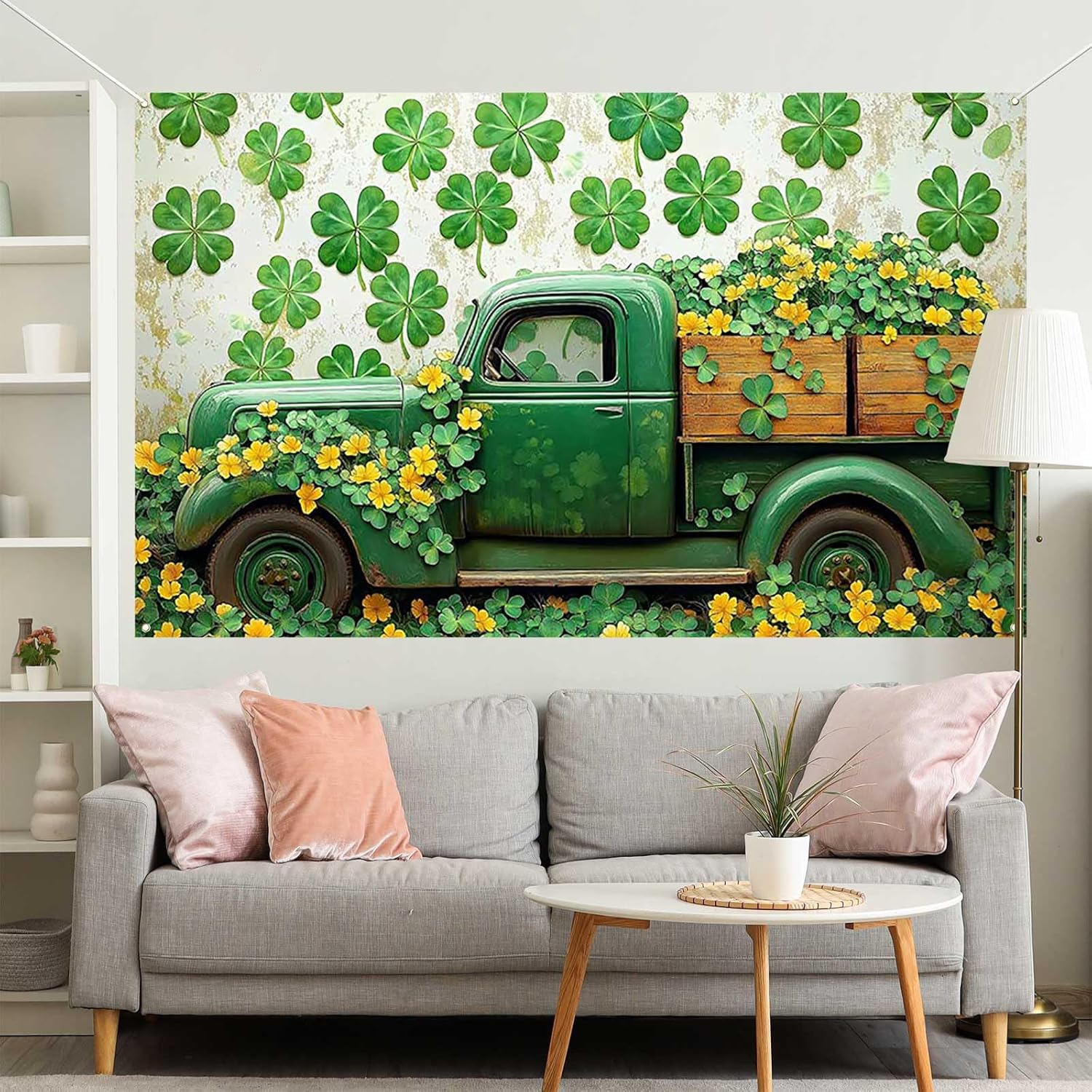 Aperturee St. Patrick&rsquo;S Day Banner - 70.8X43.3 Inch, Green Vintage Truck and Clover Backdrop, Lucky Shamrock Decoration Photo Booth Props Photography Background image number 1