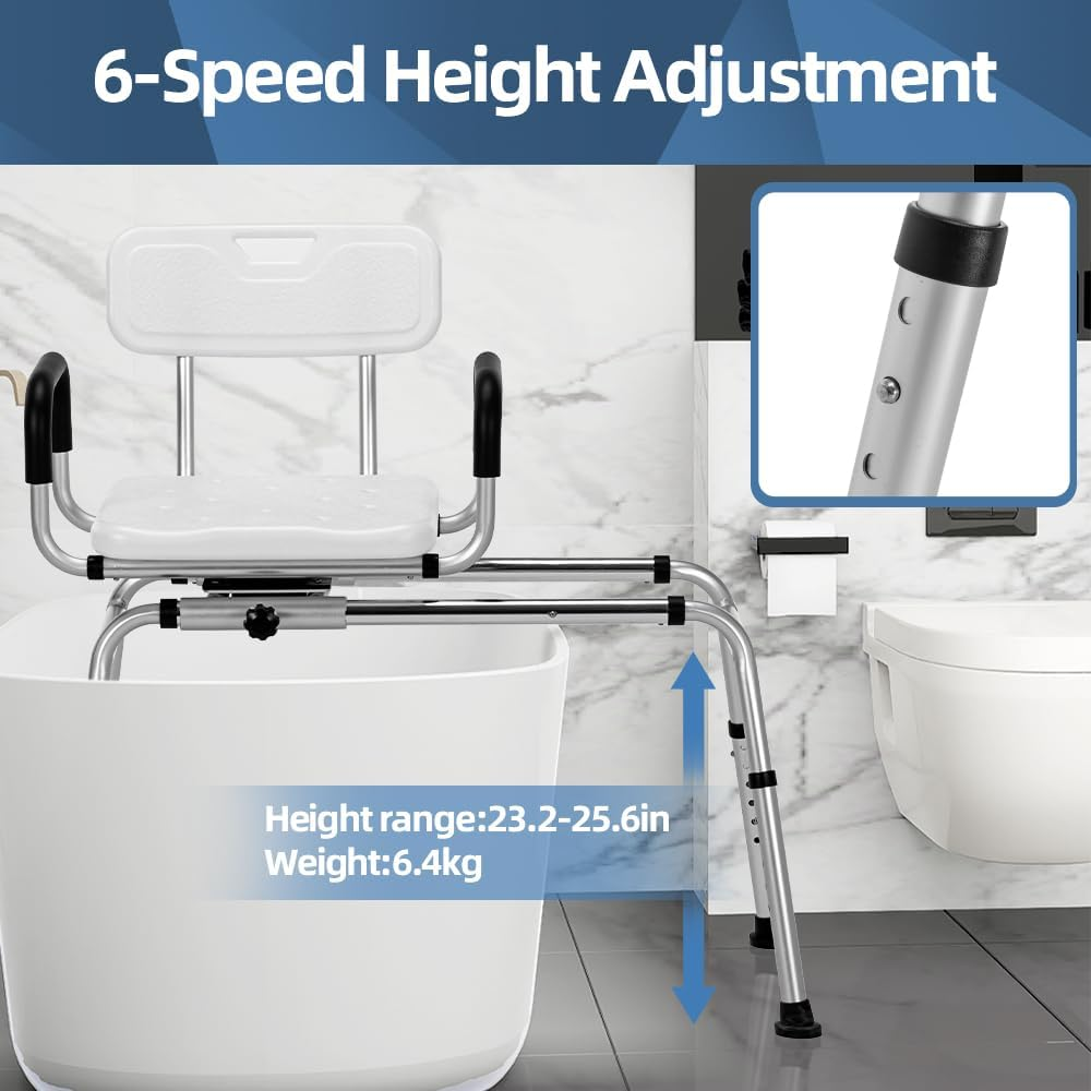 Eldhilfe Sliding Shower Chair with 360 Degree Swivel Seat Adjustable Tub Transfer Bench for Elderly, Disabled, and Bath Safety，Durable Design for Easy Showering image number 6