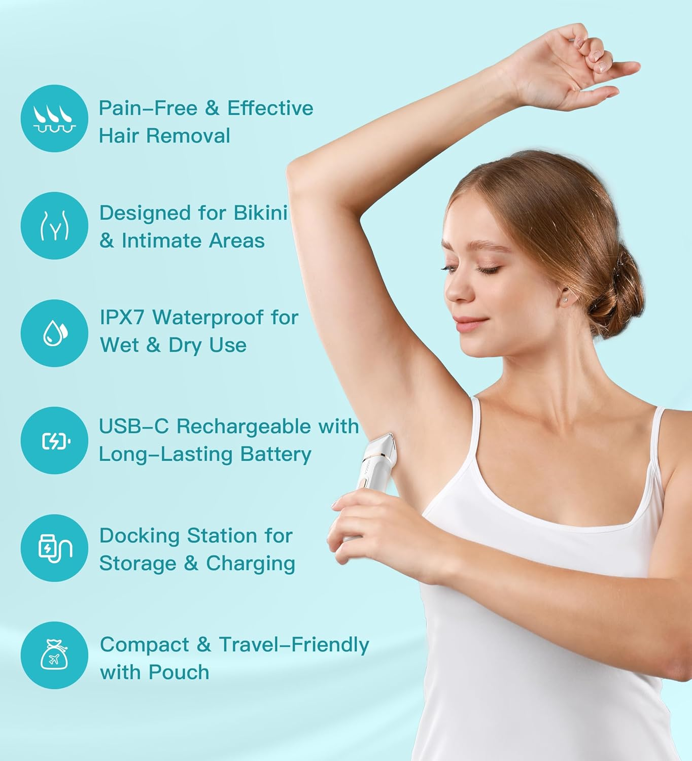 HEBECA Bikini Trimmer for Women, 3In1 Electric Razor for Women with Facial Trimmers & Intimate Shaver for Sensitive Skin, Waterproof Wet & Dry Use Rechargeable Pubic Hair Trimmer Removal