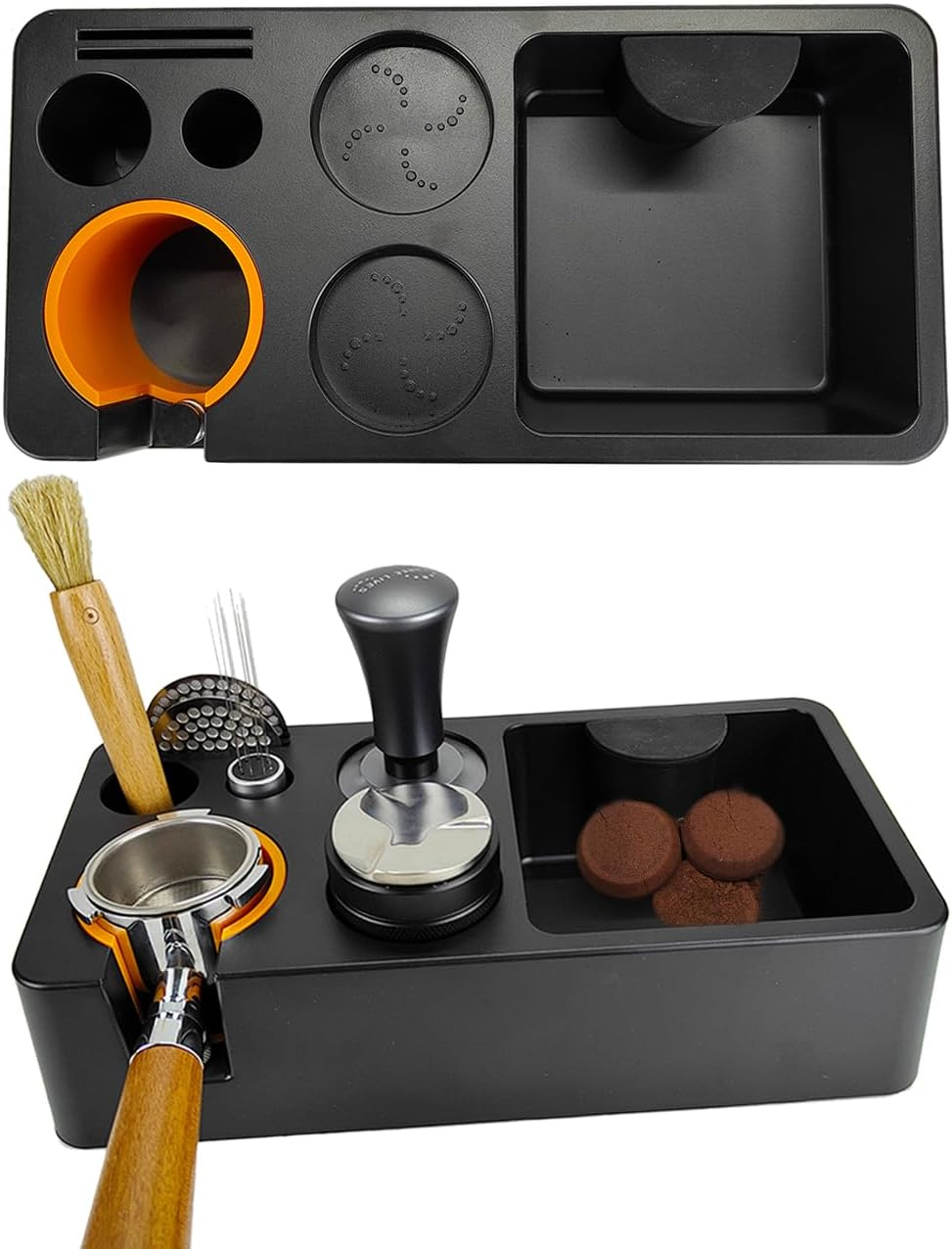 Espresso Coffee Knock Box Organizer for Storage 51 54 58Mm Portafilter Holder Distributor Tamper Puck Screen, Detachable Dump Bin Coffee Accessories Container for Coffee Bar Tamping Station Base Stand image number 3