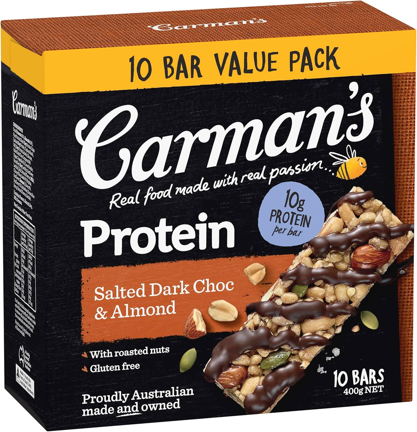 Carman'S Salted Dark Choc Almond Protein Bar Value Pack 10X40G image number 5