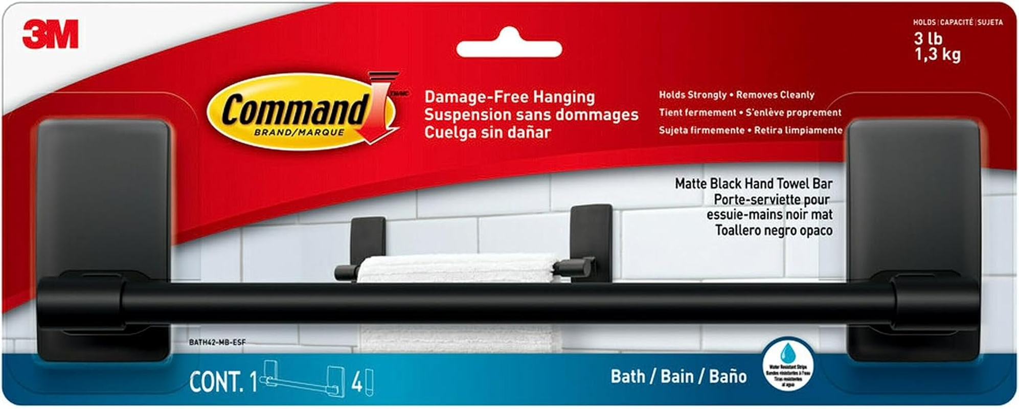 Command Towel Bar BATH42-MB-ESF, Matte Black, 1 Towel Bar, 4 Medium Water-Resistant Strips image number 2