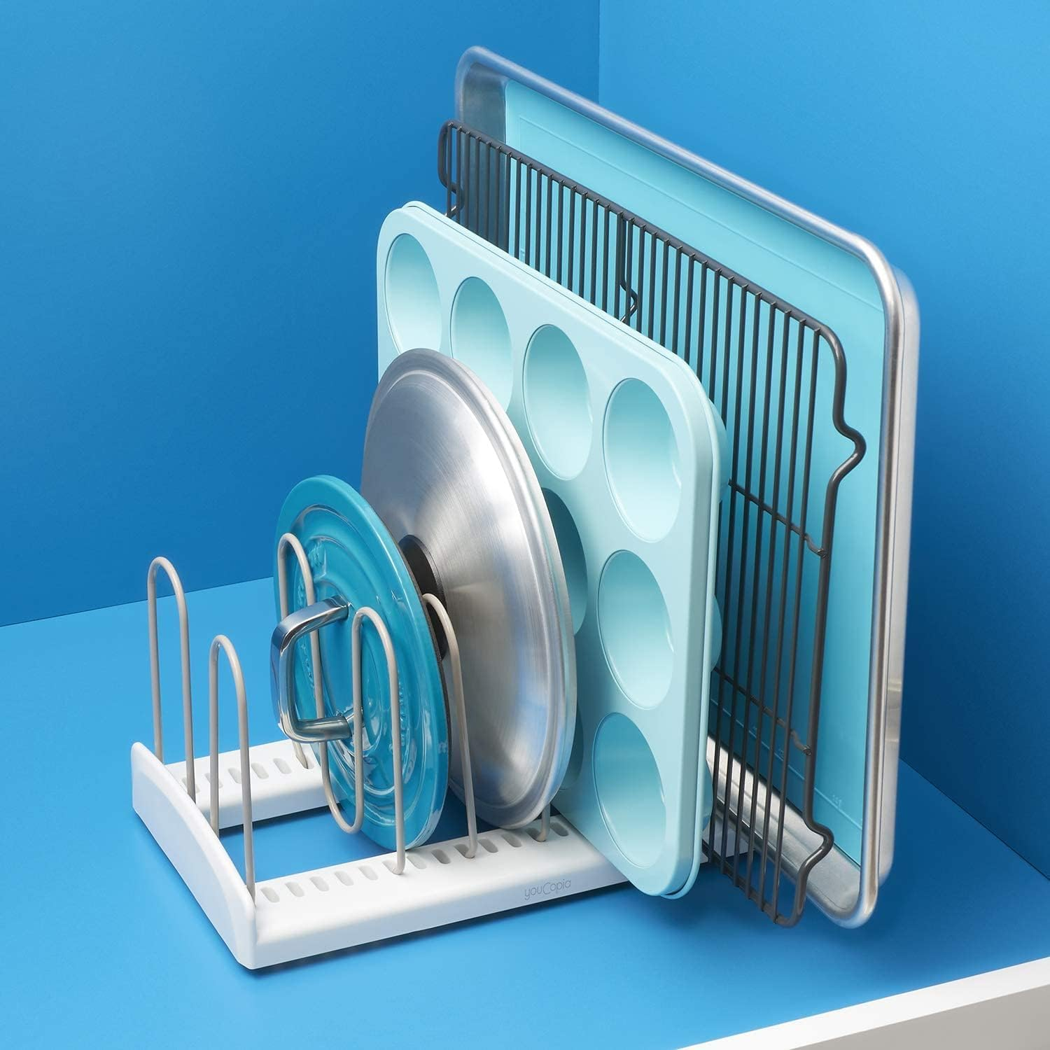 Youcopia Storemore Adjustable Pan and Lid Rack, Pot Lids and Pans Organizer for Kitchen Cabinet Storage, Standard, White image number 1