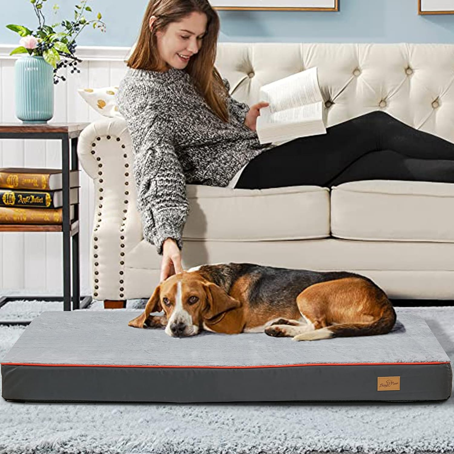Bingopaw Memory Foam Dog Bed, Large Grey Orthopaedic Dog Bed with Orange Trim Washable and Water Resistant L image number 1