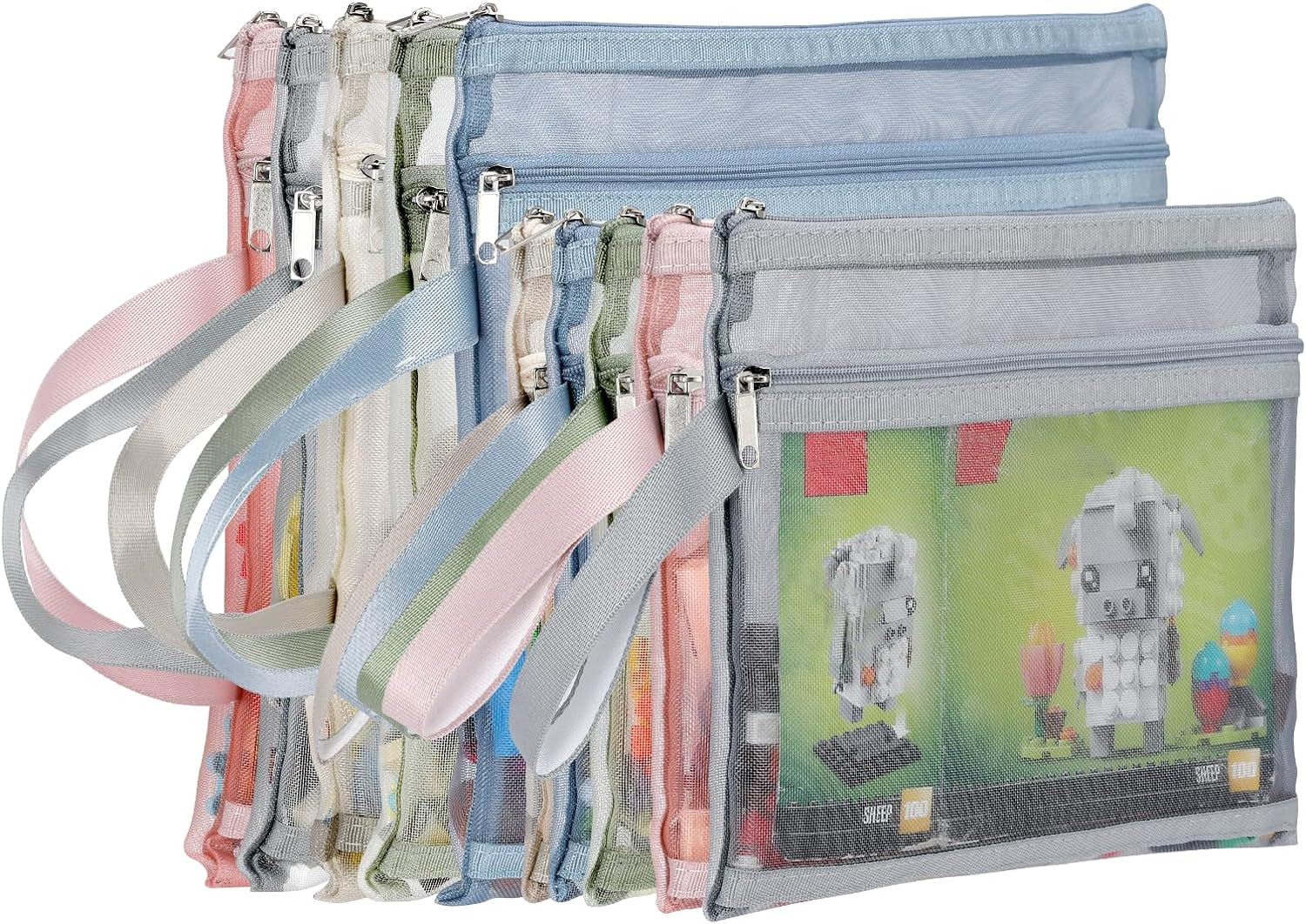 Truelux 10 Pack Colored Double-Layer Mesh Zipper Pouch Bags, Nylon Building Block Sets Toy Storage & Organization, Breathable See through (5Pcs A4+5Pcs A5) Pouch with Handle for School Office Games image number 6