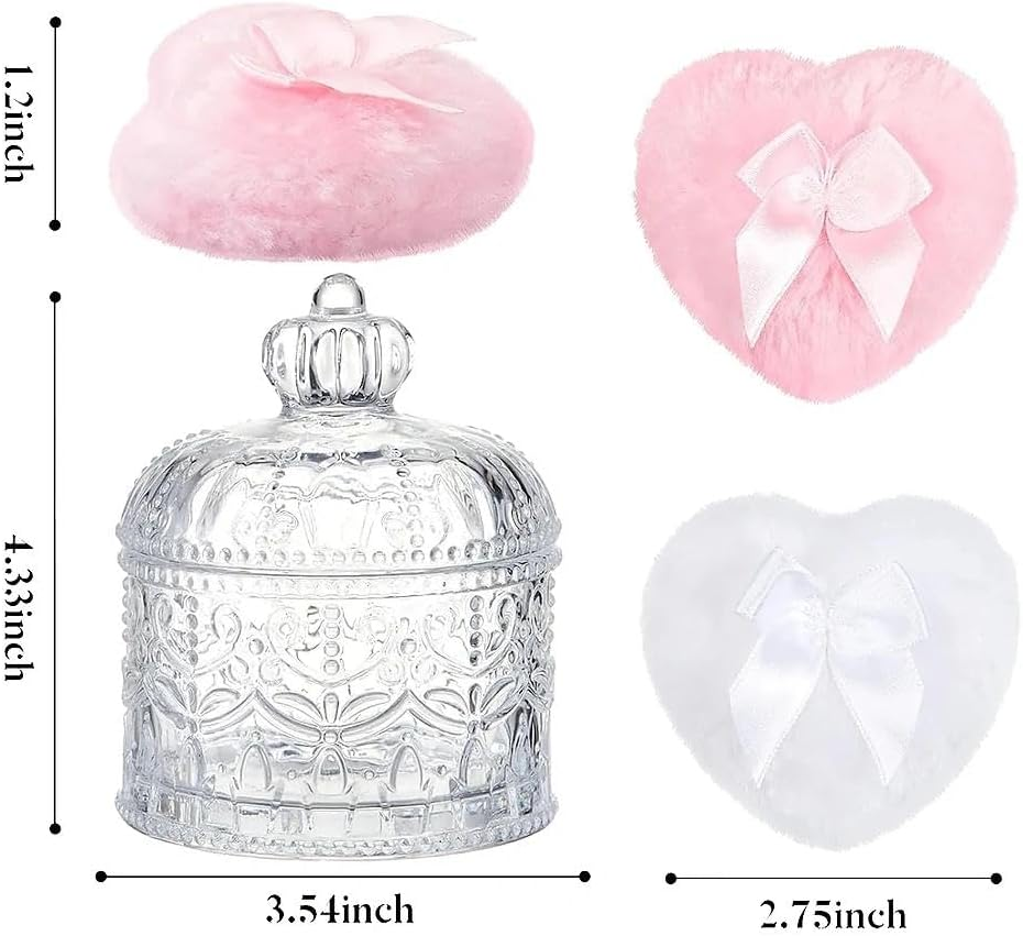 Body Powder Puff and Container Set with 2 Soft Puffs, Large Crystal Glass Powder Jar for Makeup Application and Storage-Ermaoo