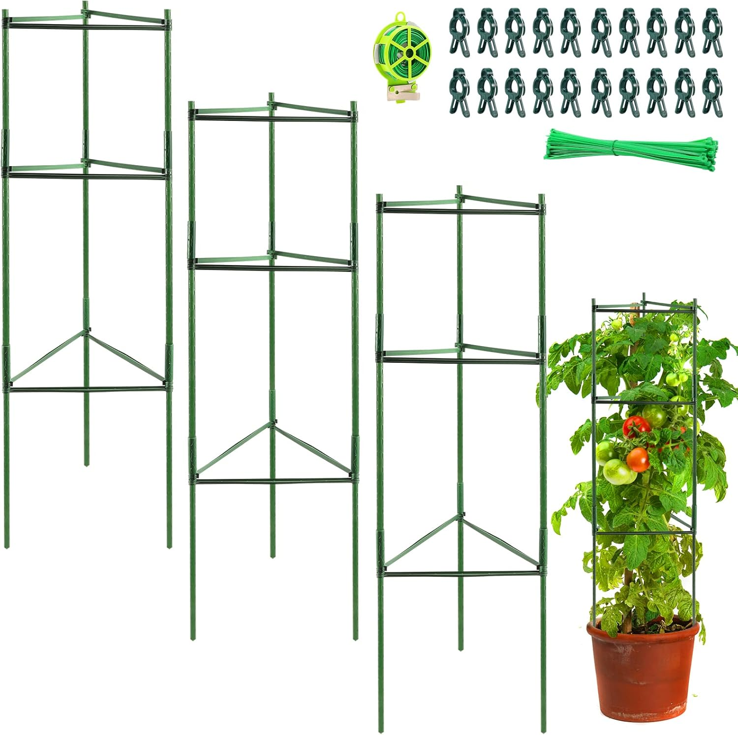 3 Sets Tomato Supports Cages, Garden Plant Support for Climbing Plants Vegetables Flowers, with 20 Clips and 50 Twist Tie, 30Meters Rope image number 3