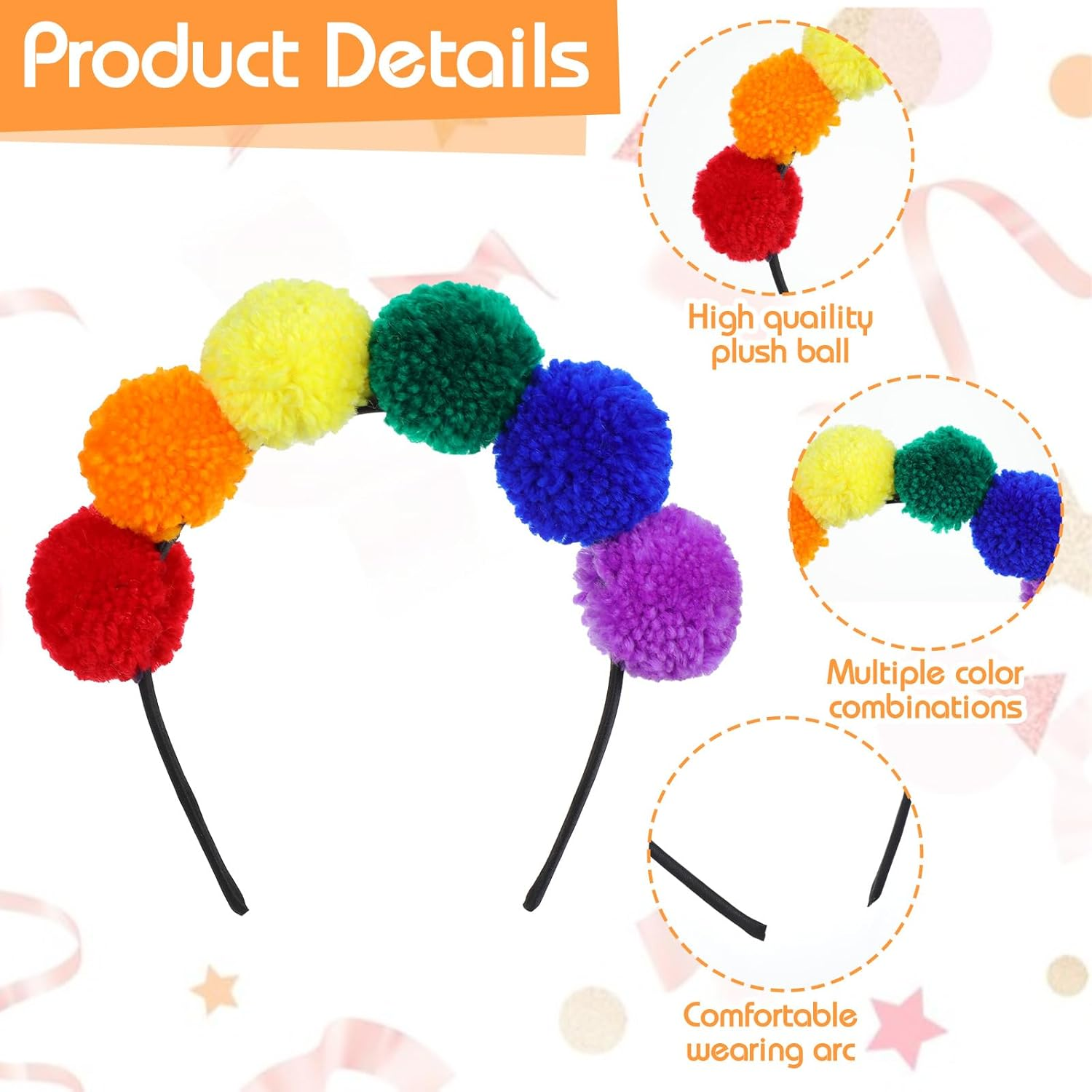 Rainbow Pompoms Headband, Colourful Hair Accessories, Carnival, Rainbow Pompom Tiara, Pom Pom Headband, Headpiece for Carnival, Fancy Dress and Party image number 6