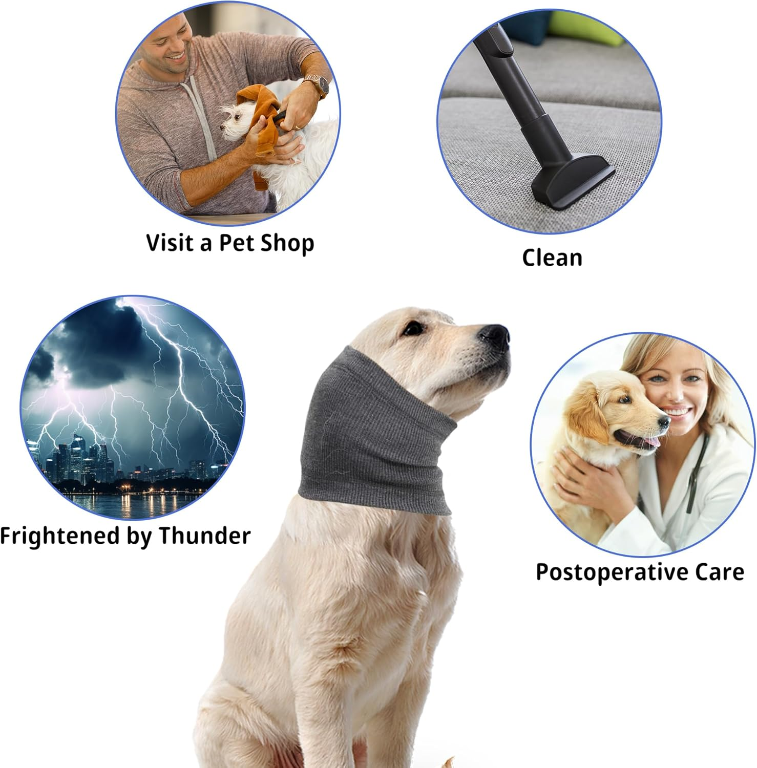 Dog Snood Neck Soft Dog Hoodie Breathable Dog Head Wrap Ear Cover Warmer Earmuffs for Noise Grooming Anxiety Calming M(Neck Circumference12-20In) (Dark Blue&Gray)