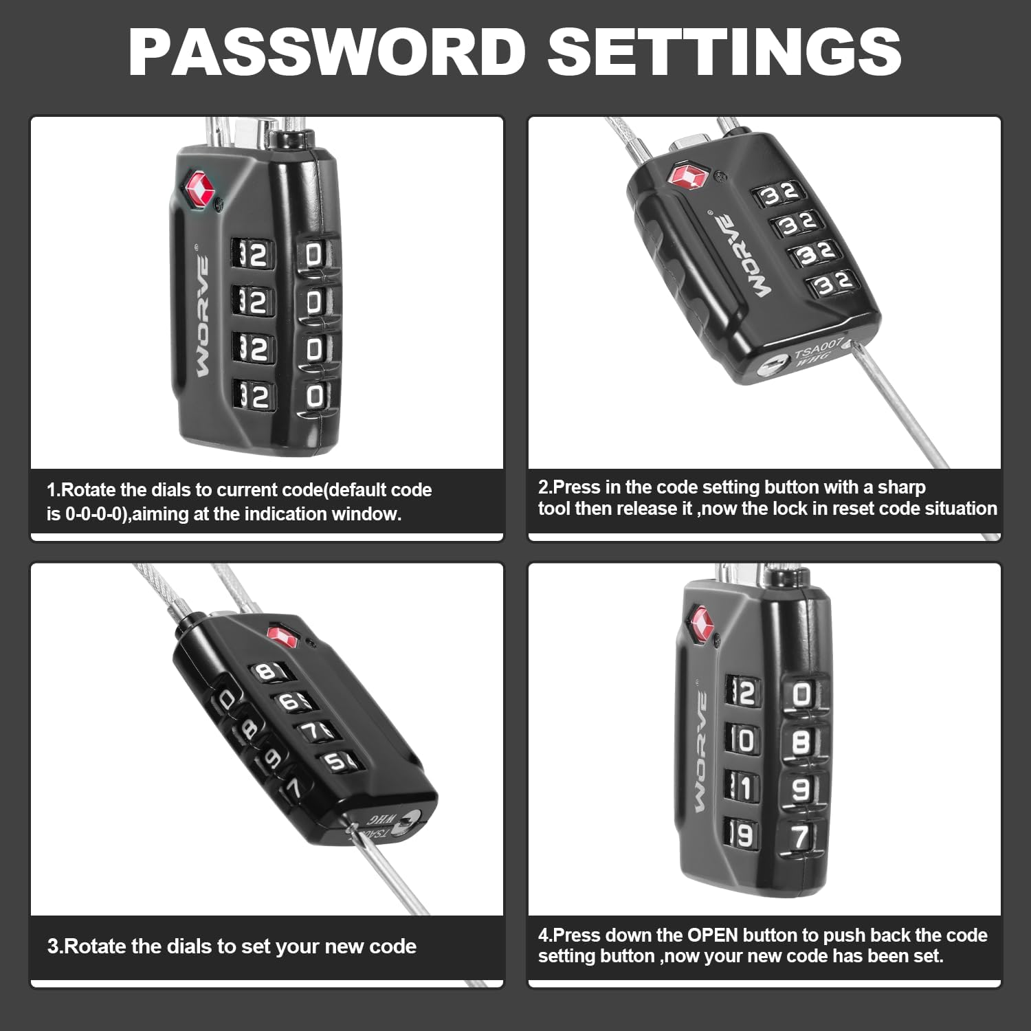 TSA Approved Cable Luggage Locks,Re-Settable Combination with Alloy Body,Tsa Approved Luggage Travel Lock for School Gym Locker, Luggage Suitcase Baggage Locks, Filing Cabinets(Black, 2 Pack) image number 3