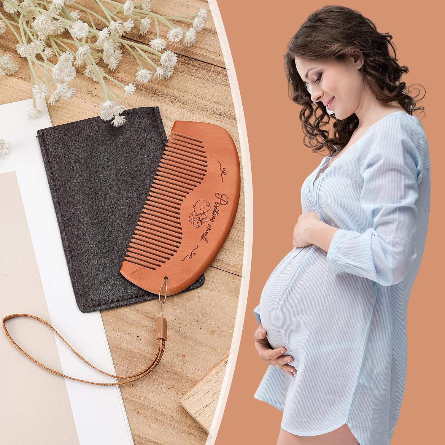 Carriage Comb Set, Birth Comb, Wooden Hair Comb for Birth with Storage Bag and Neck Strap, Pregnancy Comb, Birth Utensils for Firstbirths, Pregnancy Gift